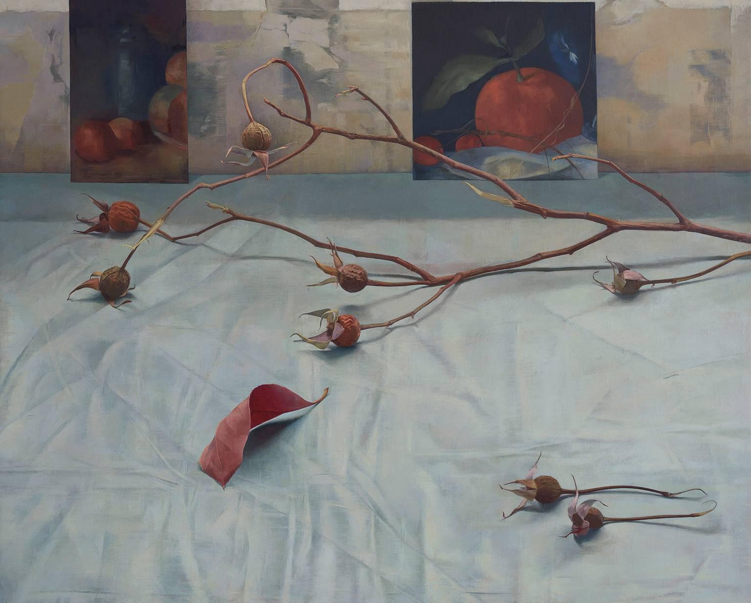 Susan Angharad Williams Still-Life Painting - Rose Hips, Red Leaf 