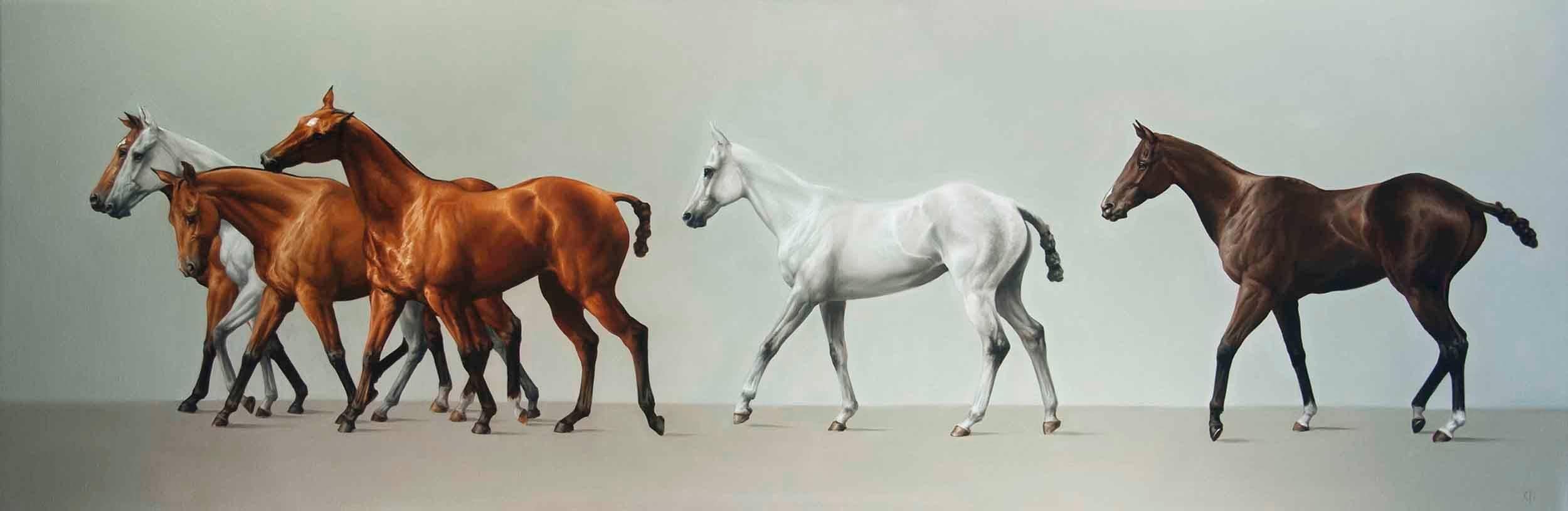 James Gillick Animal Painting - Walking Line of Six Polo Ponies