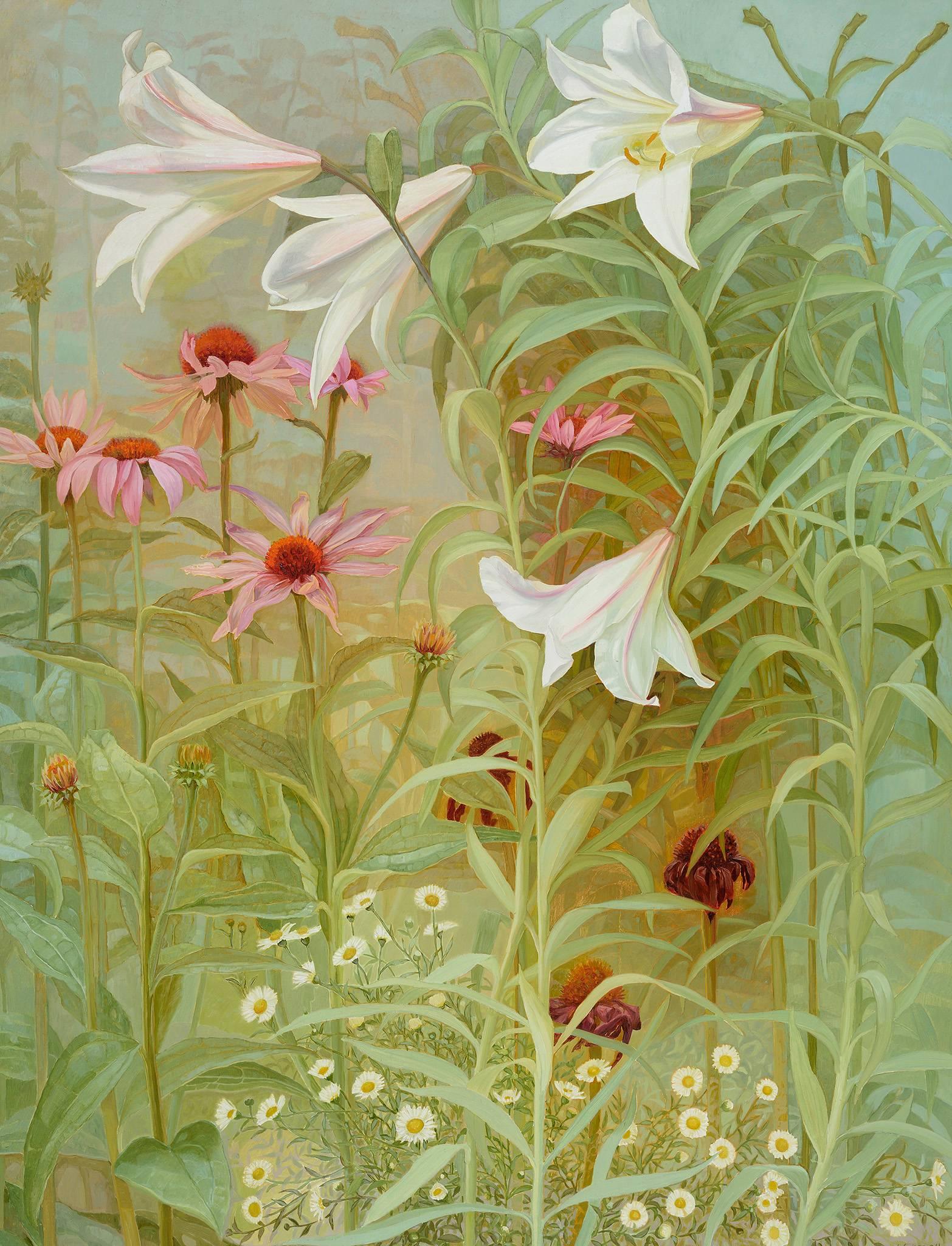 Jane Wormell Landscape Painting - Lilies, Echinacea and Daisies