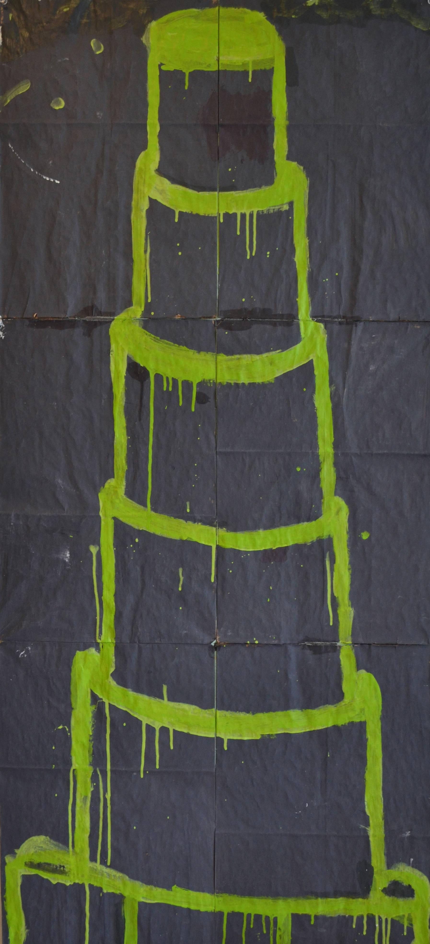Cake 5 by Gary Komarin, 2010-2015. Mixed media on paper, 51 x 23 1/2 inches. This  is a faux naive style painting of a green six layer cake on a black background. Painted on paper bags. 

Born in 1951 in New York City, Gary Komarin is an American