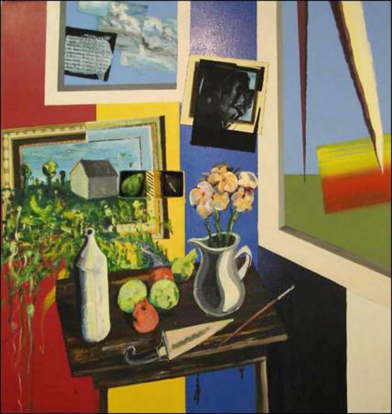 Stillleben mit Fächern und Blumen – Painting von Peter Nadin