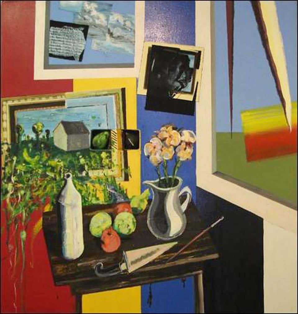 Still Life with Figs and Flowers, Pop Art Acrylic Painting, 1989