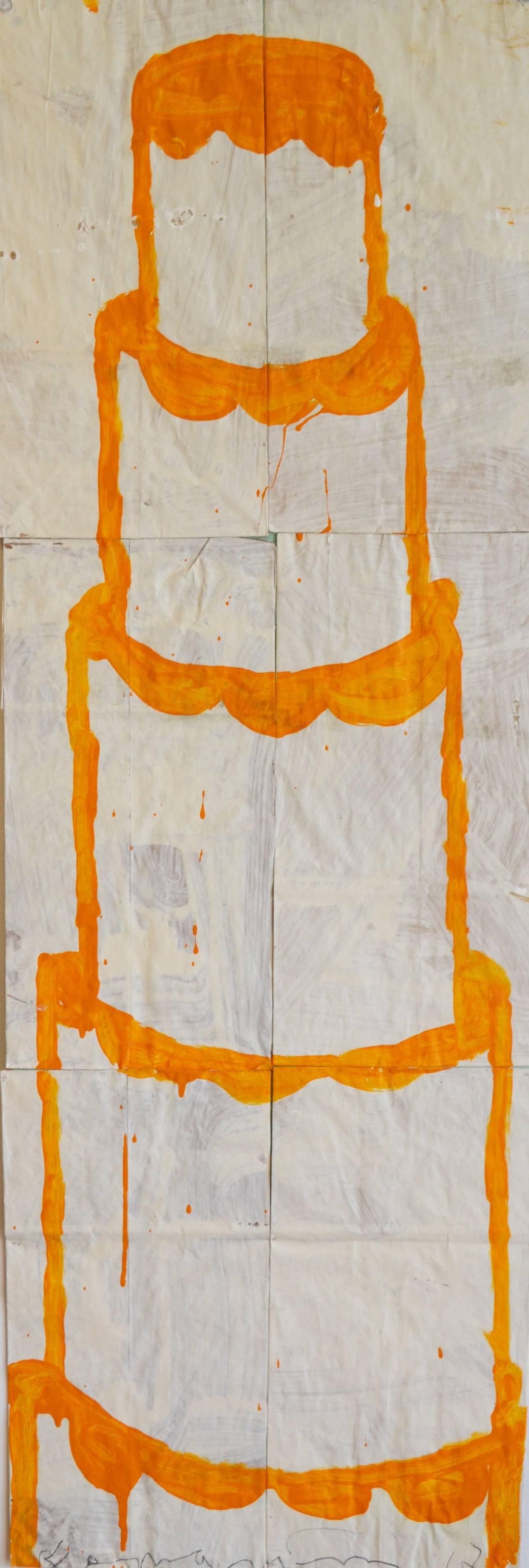 'Cake 1' by contemporary artist, Gary Komarin, 2012. Acrylic on paper bags, 41 x 13.50 inches. The faux naive style painting of a five tier cake is outlined in orange on a cream background. Framed in white wood.

Born in 1951 in New York City, Gary