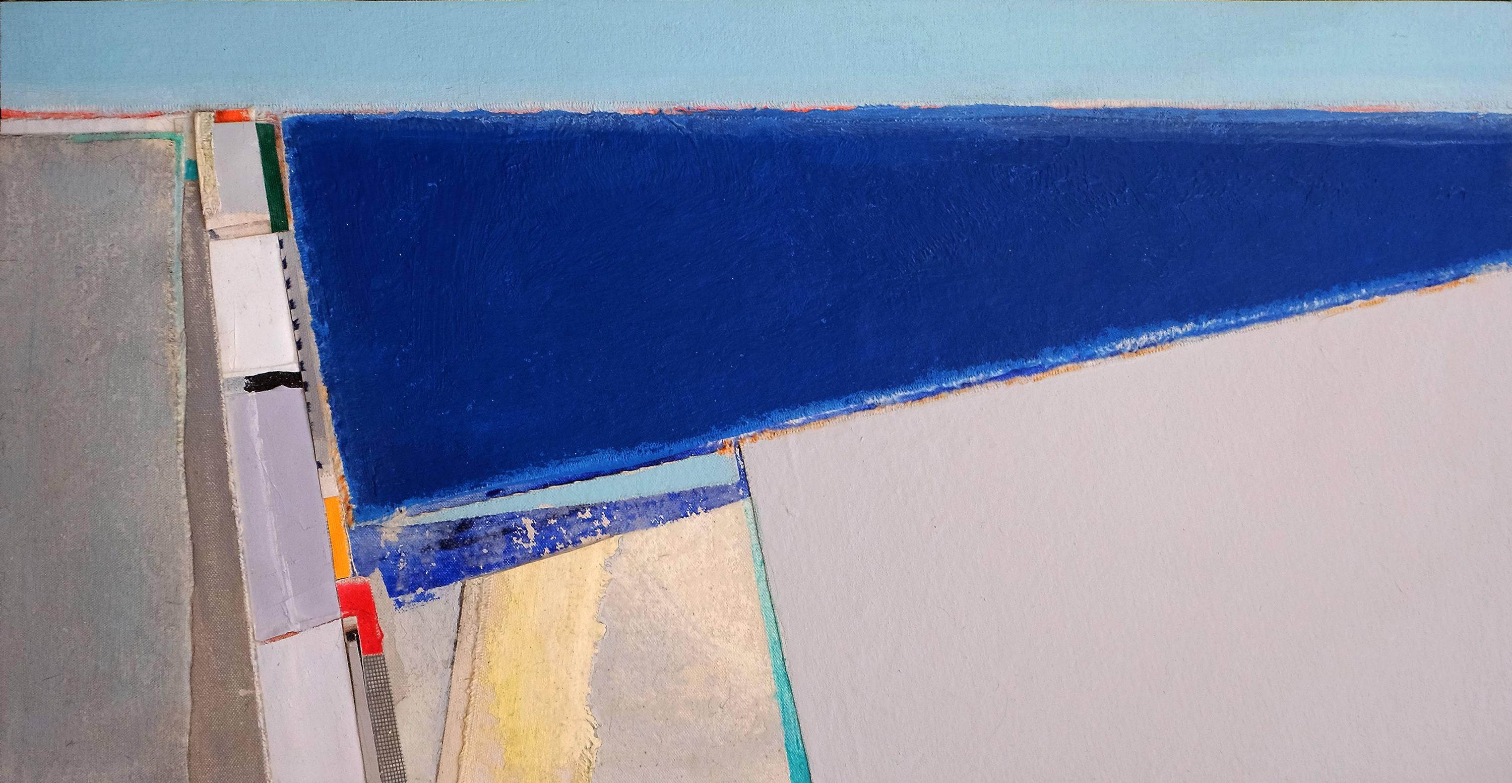 “Middle Beach” by Eugene Healy, 2017. Fabric collage and oil on canvas,. 13.5h x 26.75w in. Framed at 20 x 33 in. This abstract, landscape painting features an abstracted seascape with land and sea in aerial view. In calming colors of deep blue,