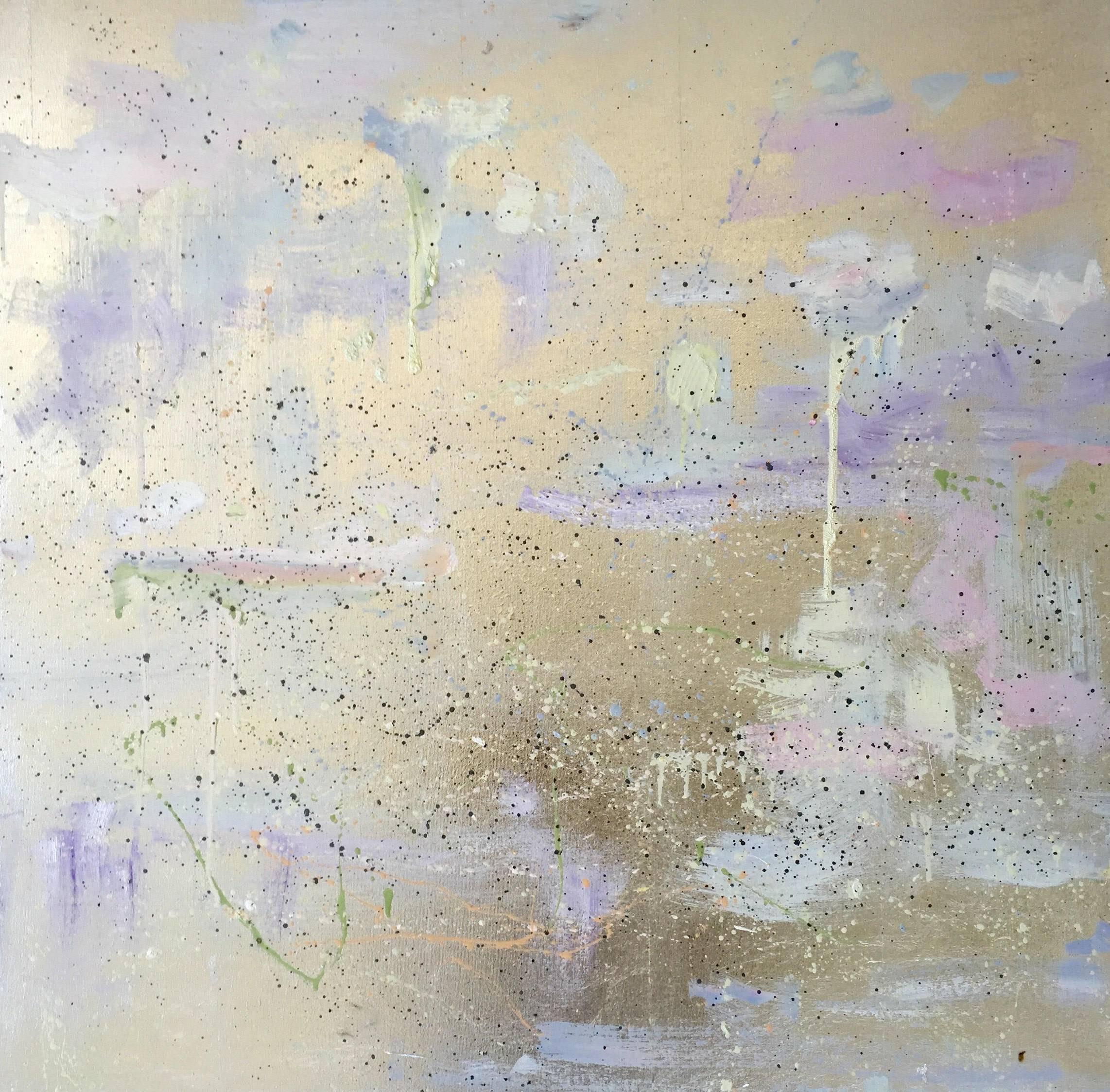 Coexist Part I by Michelle Sakhai, 2016. Oil and metal leaf on canvas, 30 x 30 inches,  An abstract, dramatic dimensional painting with rich, fine materials, and reflective surface.  Pastel colors of purple, pink, yellow and green on a silver leaf