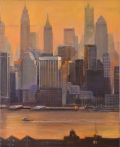 Impressionistic painting of NYC by Lawrence Kelsey, 'Downtown Skyline and Tug'
