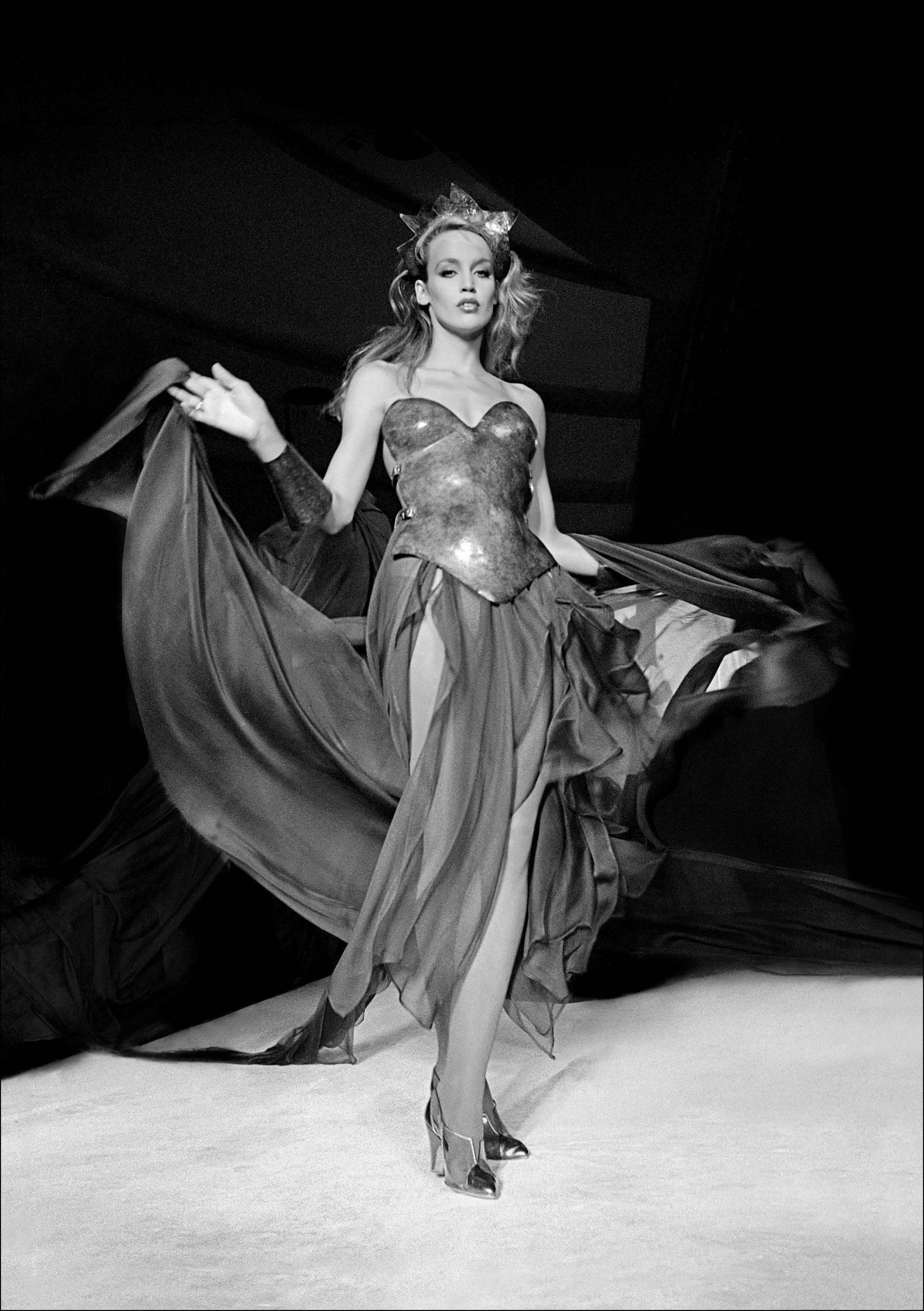 Allan Tannenbaum Black and White Photograph - Jerry Hall models Thierry Mugler, 1980