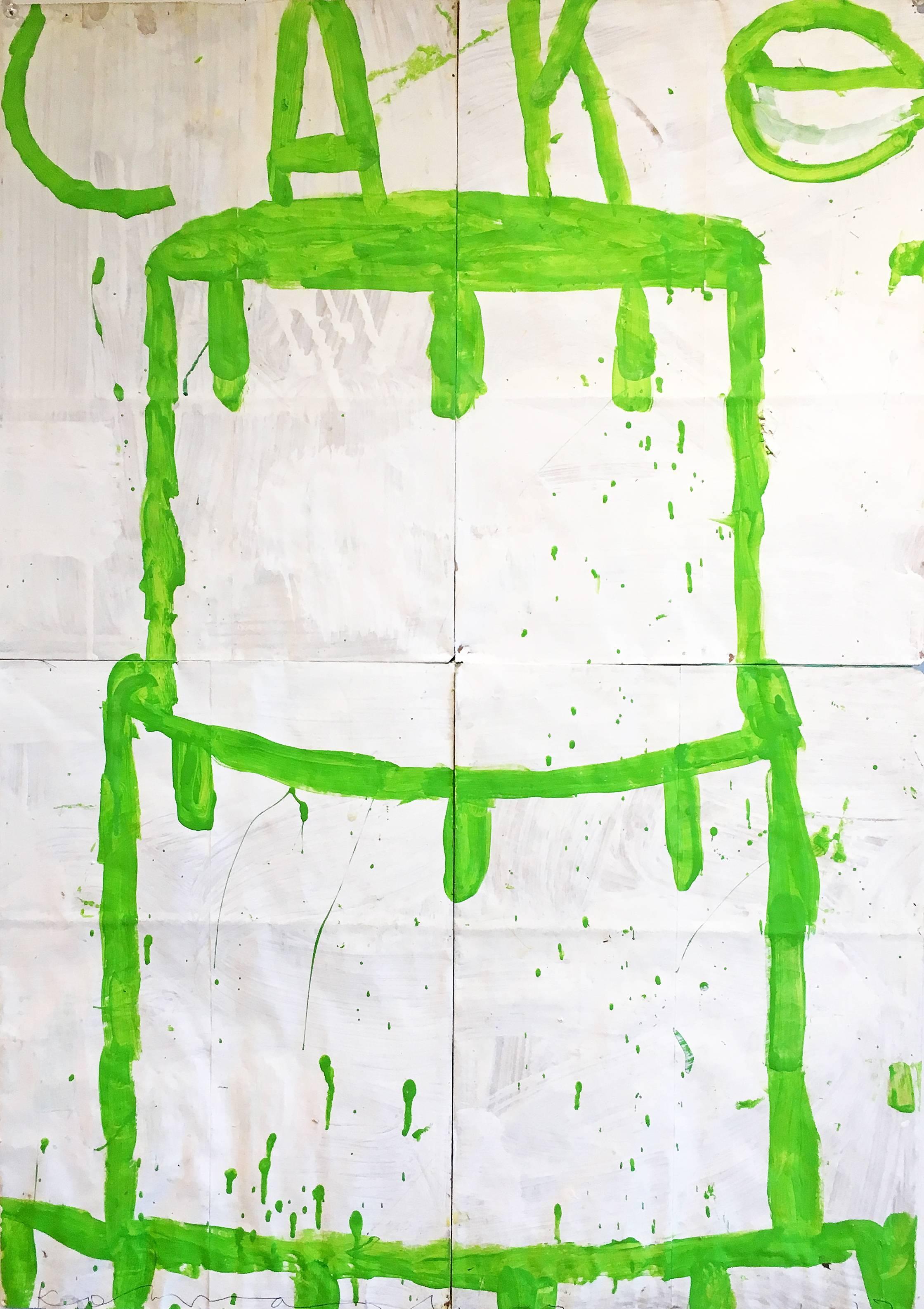 'Cake (Lime on White)' by contemporary artist, Gary Komarin, 2017. Acrylic on paper bags, 34 x 23.75 inches. This faux naive style painting of a 2-tier cake is outlined in a neon green on a white background. This artwork is floated in a white