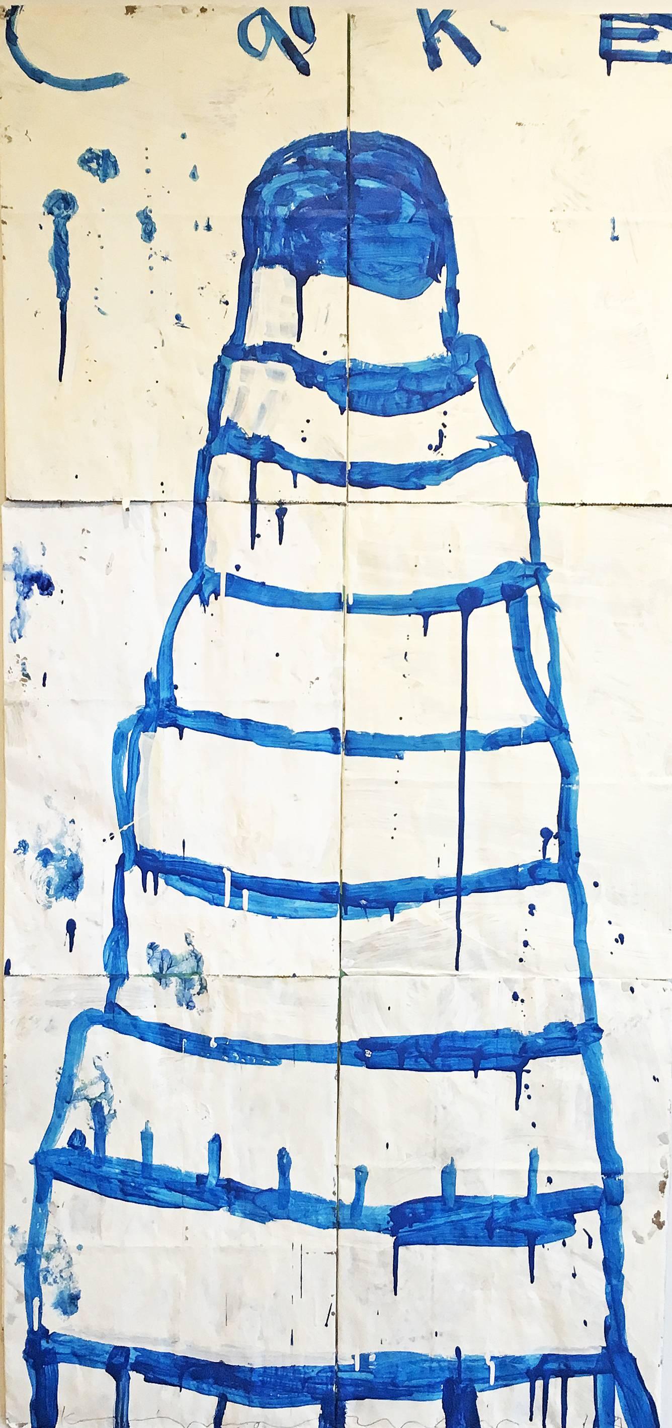 'Cake (Blue on Crème)' by contemporary artist, Gary Komarin, 2014. Acrylic on paper bags, 50 x 23.75 inches. This faux naive style painting of a 8.5-tier cake is outlined in royal blue on a creme background. 

In his delightful, naively drawn Cakes