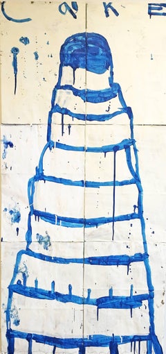 Mixed media painting of cake, Gary Komarin, Cake (Blue on Crème)