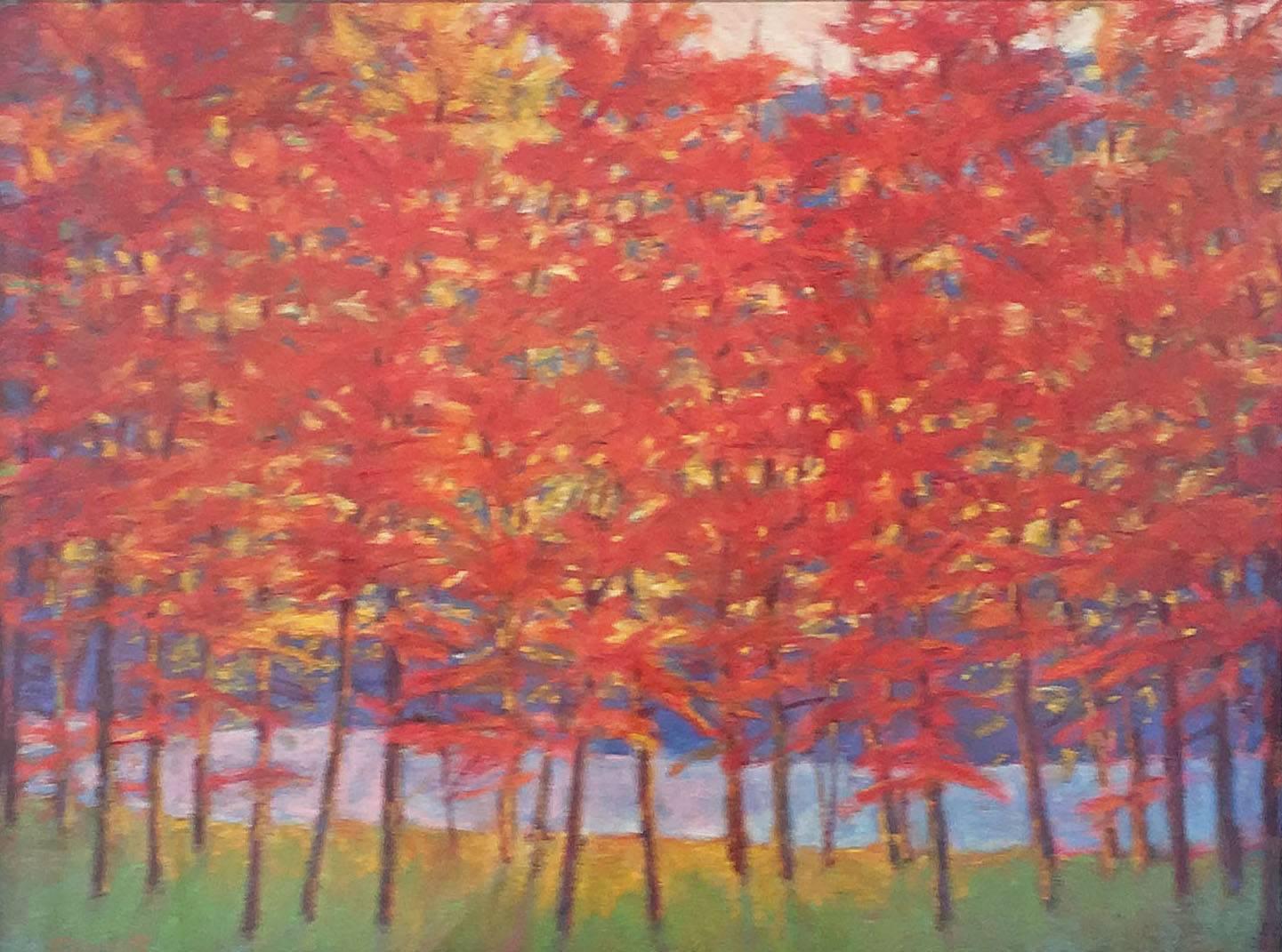 Ken Elliott Landscape Painting - Red Wall at the Lake
