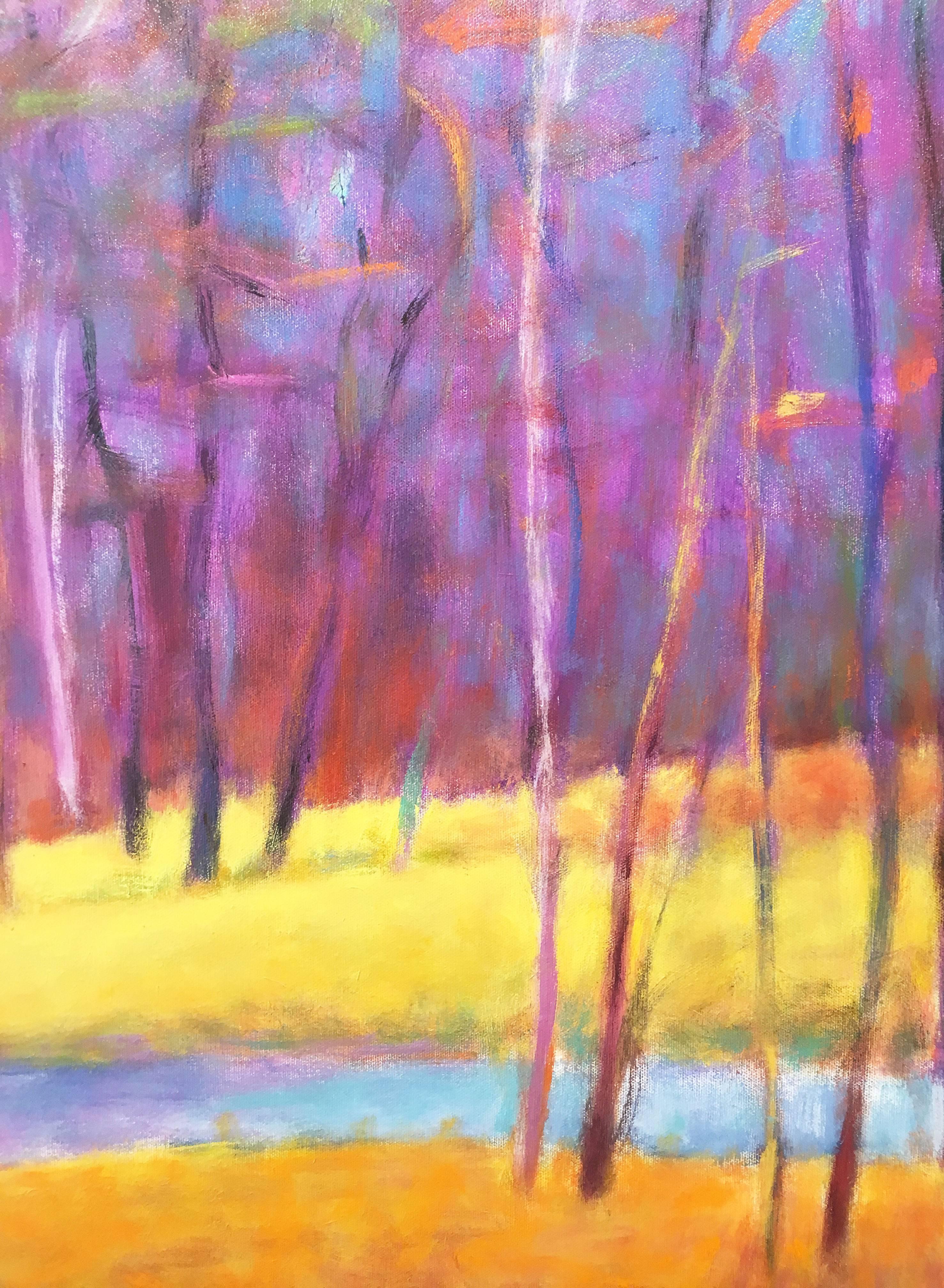 Vibrant, expressionist landscape painting of trees, light and forest in blue, yellow, orange, magenta

The artist studied with American landscape painter Wolf Kahn, early in his career.
