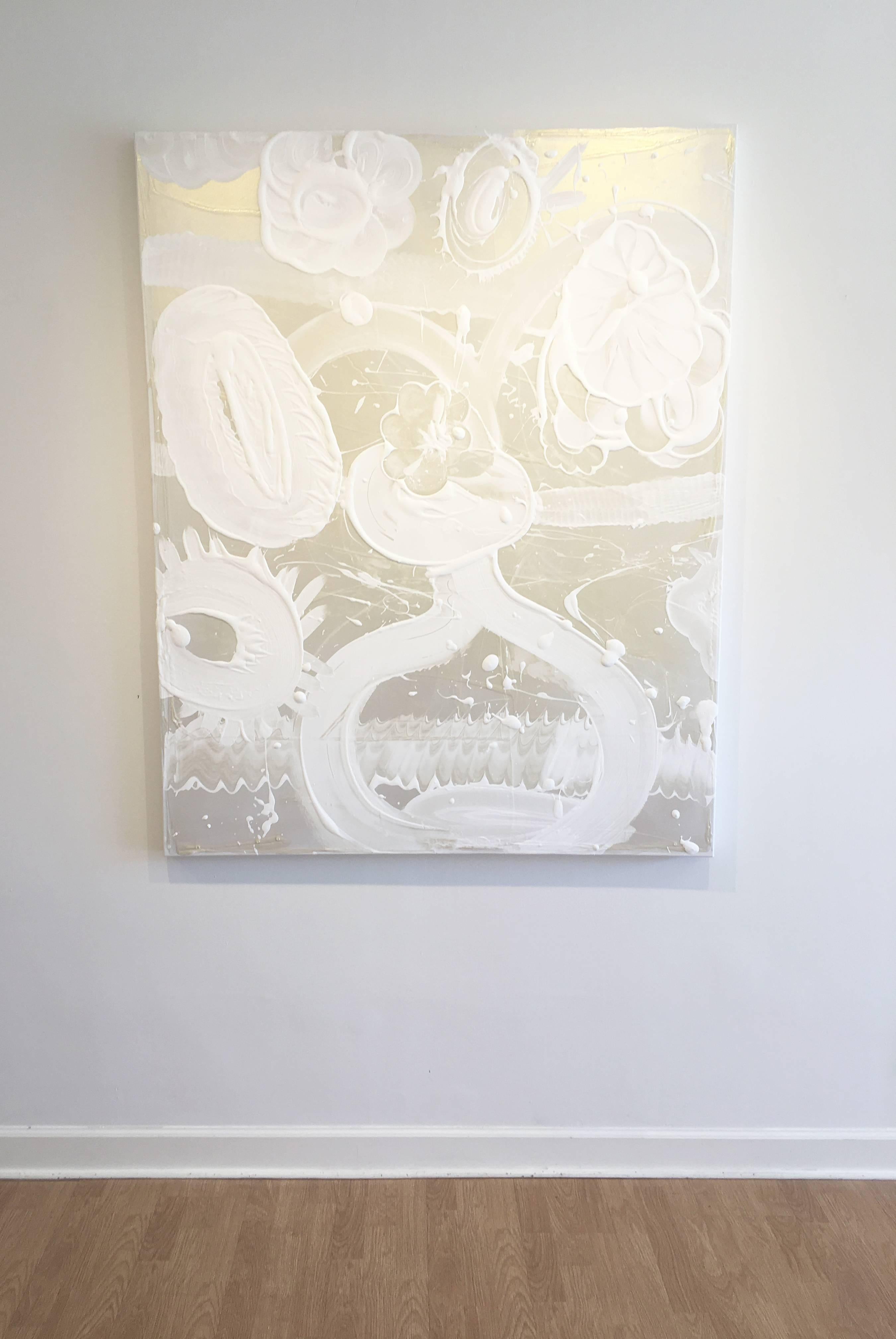 “Zig Zag” by Catherine Howe, 2016. Acrylic and interference mica pigment and resin on canvas, 60 x 48 inches. Howe's abstracted still life florals are painted with a matte white gesso mixture that is applied with thick, sweeping, gestural