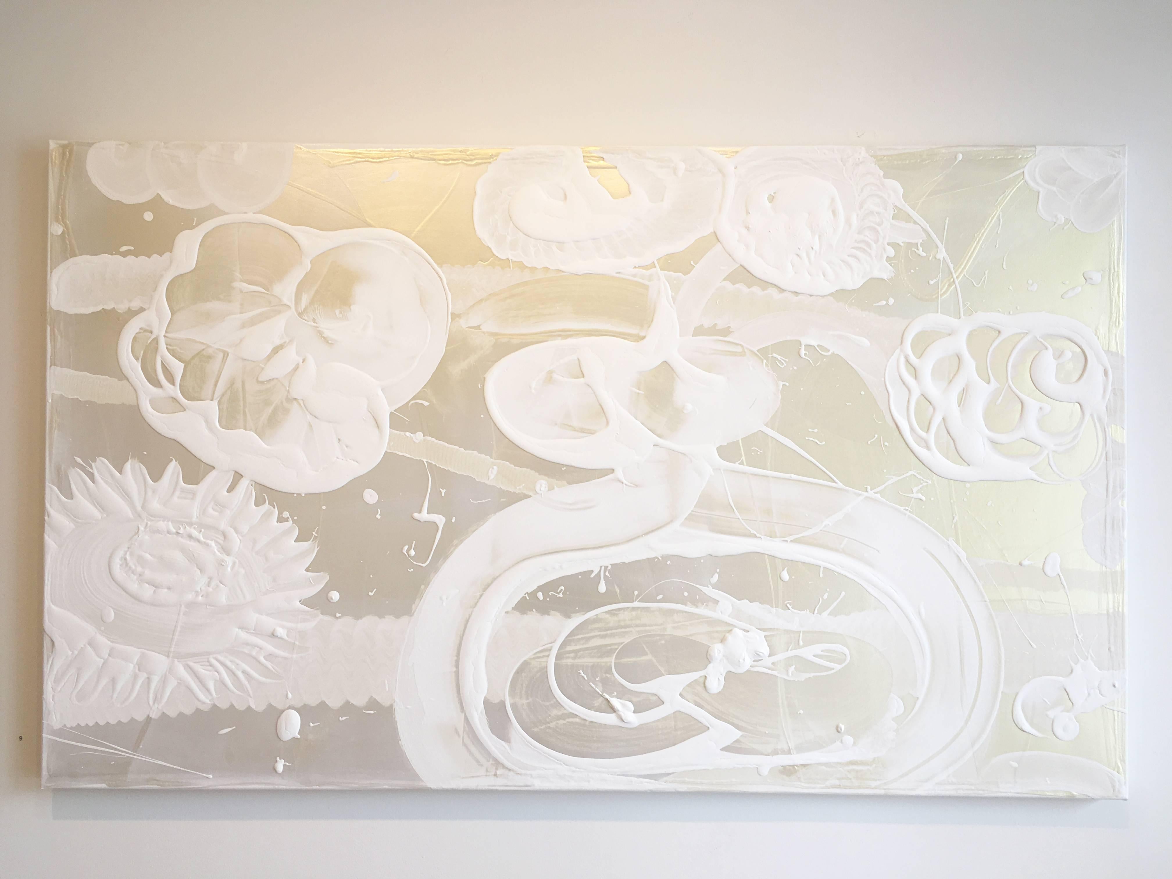 “Whistler” by Catherine Howe, 2017. Acrylic and interference mica pigment and resin on canvas, 36 x 60 inches. Howe's abstracted still life florals are painted with a matte white gesso mixture that is applied with thick, sweeping, gestural