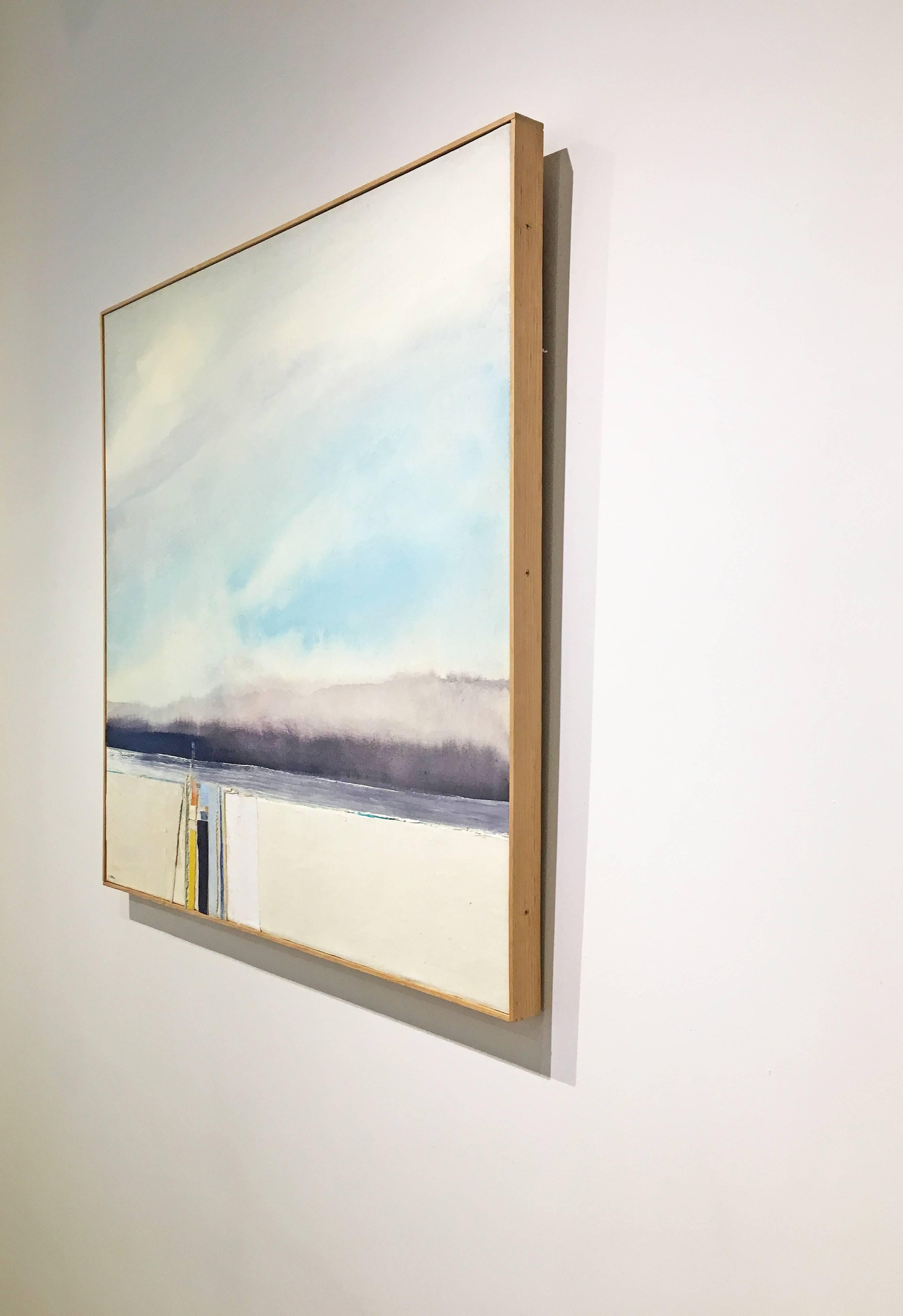 The Landing by Eugene Healy, 2015. Fabric collage and oil on canvas, 36 x 36 inches. This painting features an abstracted seascape with sky and land. In calming colors of blue, purple, grey, and white. The artist incorporates sections of texture and