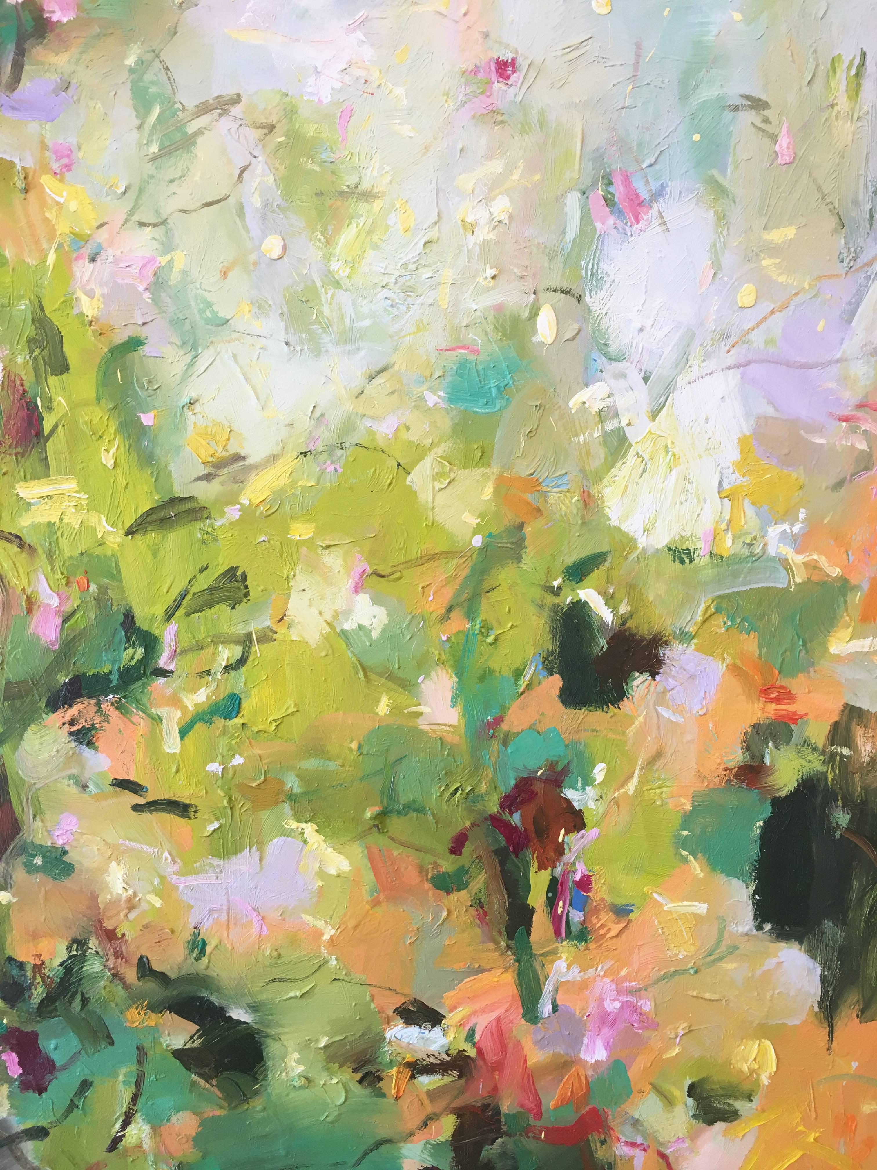 Autumn Woods by Chinese/Canadian painter, Yangyang Pan, 2016-2017. Oil on canvas, 48 x 48 inches. This beautiful abstract nature scene incorporates large gestural brush strokes. The flowering tree colors are in yellow, green, orange, white, brown,