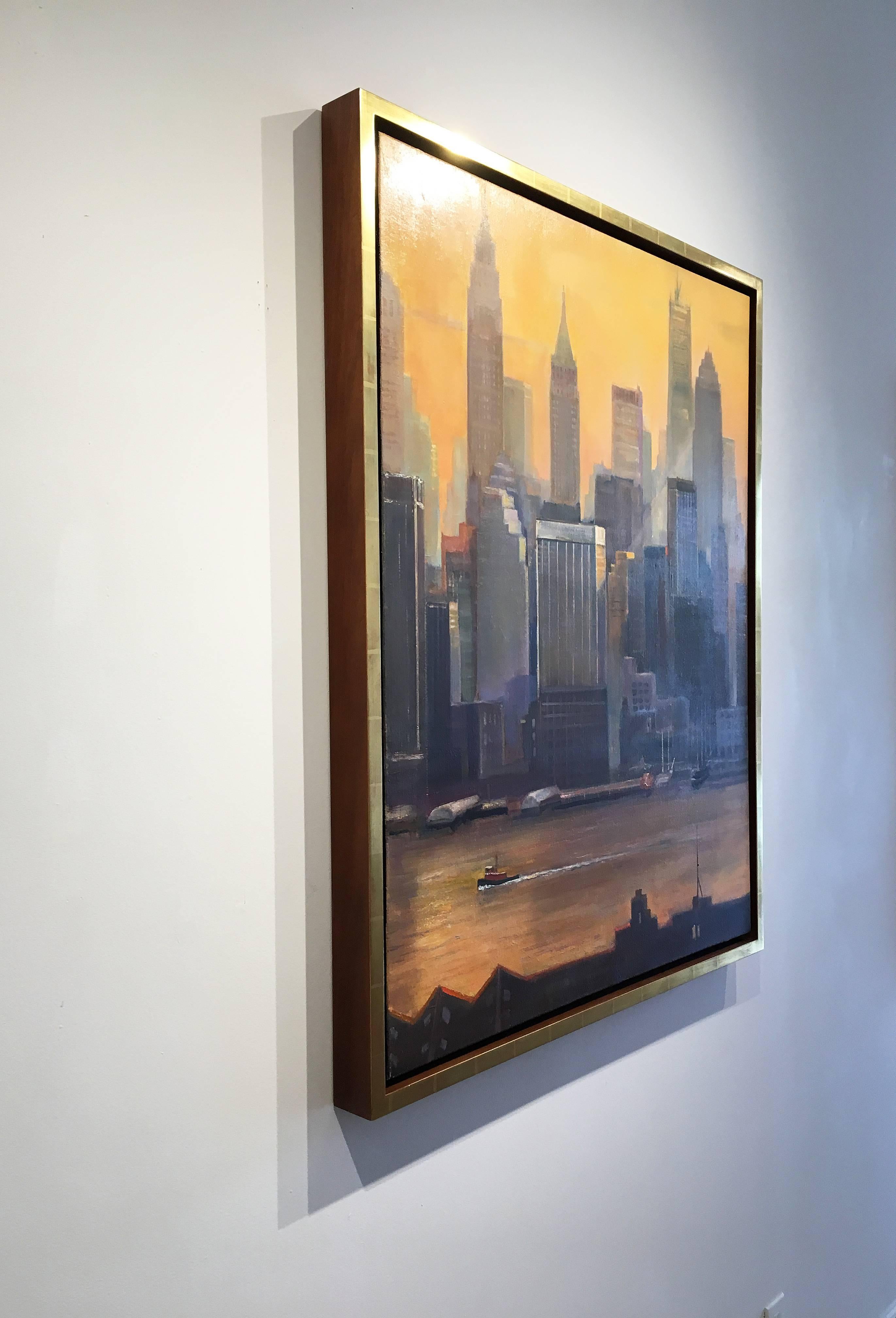 Quadro impressionistico di NYC di Lawrence Kelsey, 'Downtown Skyline and Tug'. in vendita 2