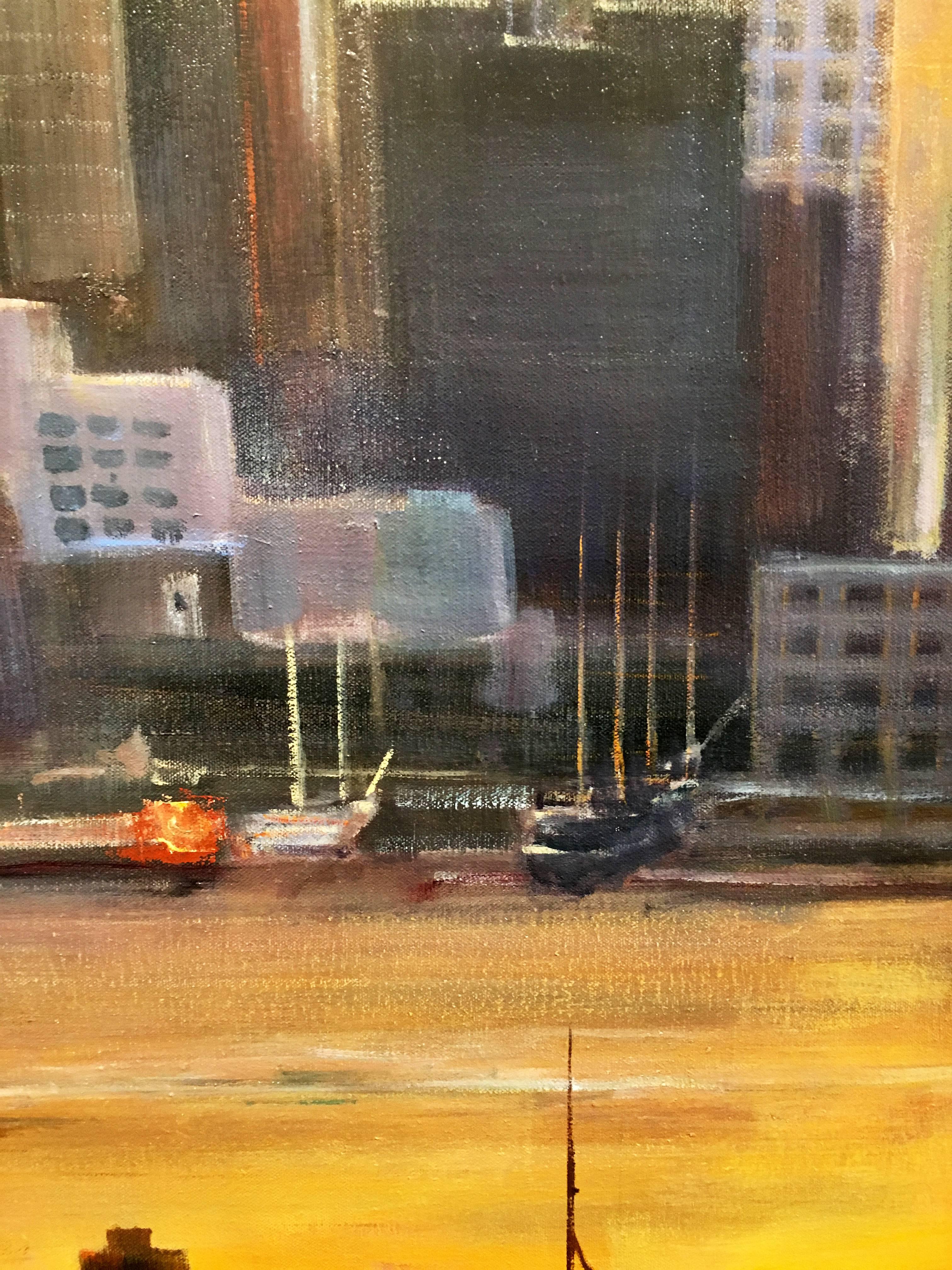 'Downtown Skyline and Tug' 2012 by NY contemporary artist Lawrence Kelsey. Oil on canvas, 42 x 34 in. A painting of downtown New York City in late afternoon in atmospheric hues of orange, purple, gray and black.  This cityscape is framed in a