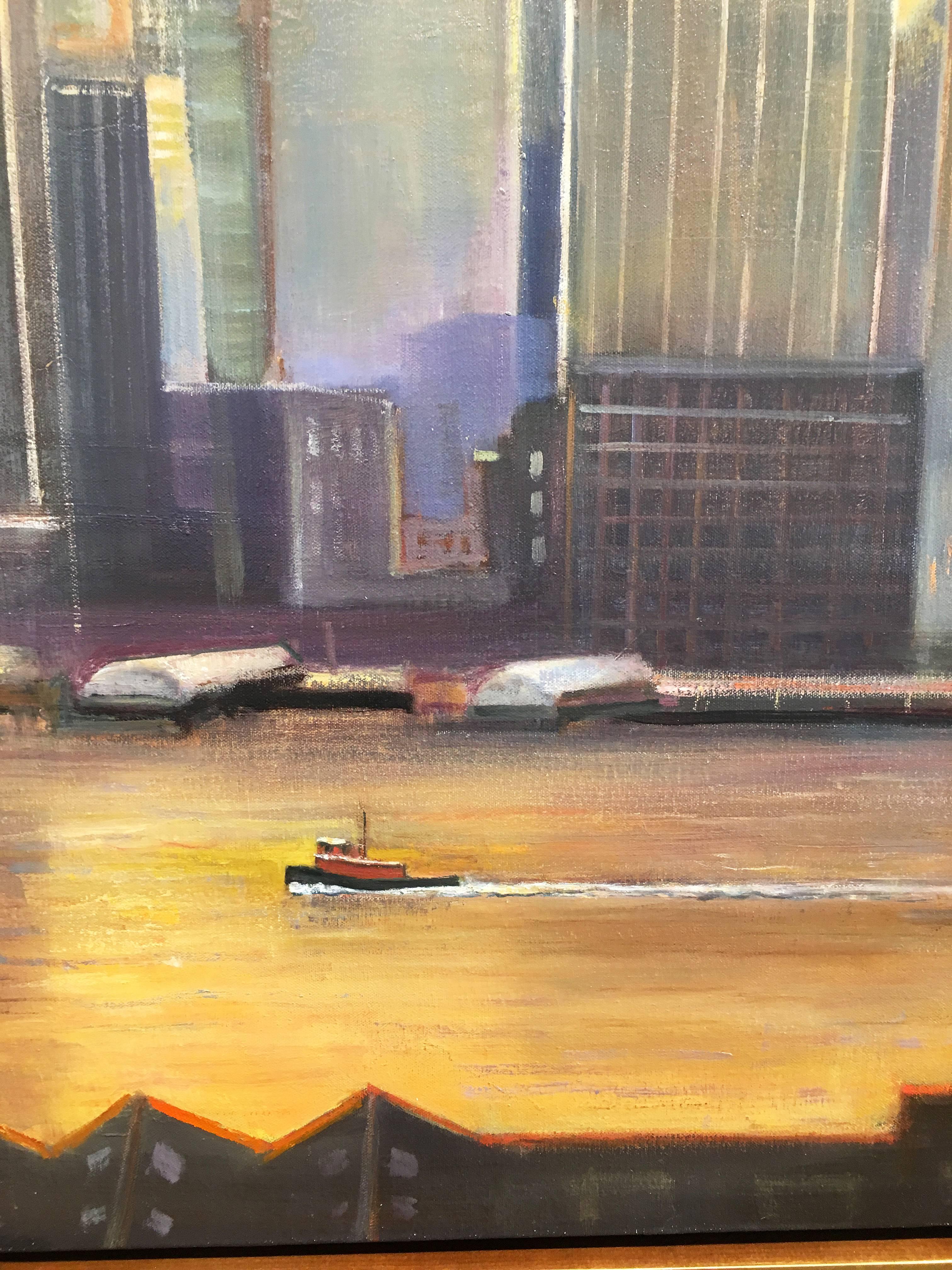 Impressionistic painting of NYC by Lawrence Kelsey, 'Downtown Skyline and Tug' For Sale 1