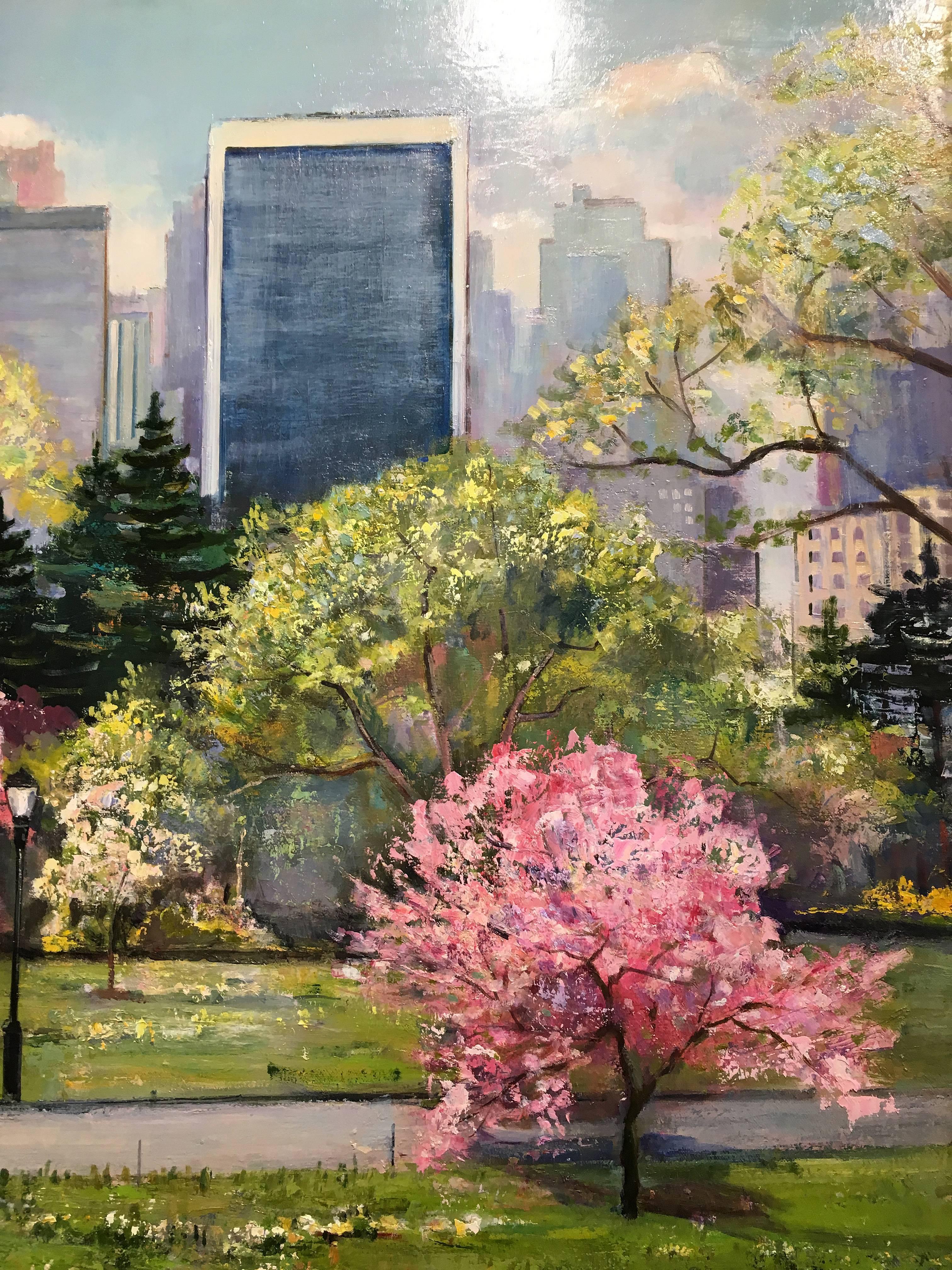 Fruit Trees In Bloom, 2007, by NY artist, Lawrence Kelsey. Oil on canvas, 32 x 34 inches. This painting depicts a view of fruit trees at Central Park in New York City during ta Spring month. The artist incorporates a pastel palette of green, blue,