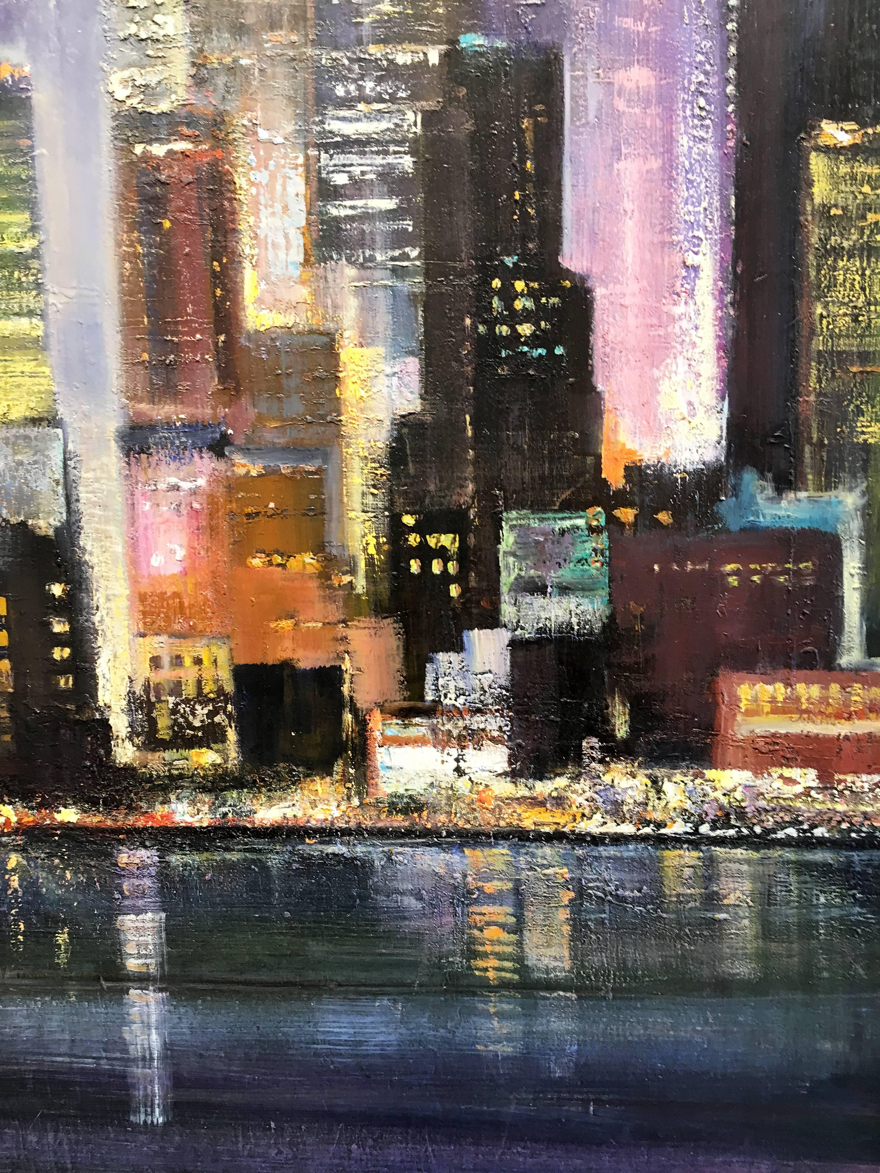 Luces de Nueva York, 2010, del artista neoyorquino Lawrence Kelsey. Óleo sobre lienzo, 40 x 34 pulgadas. Este cuadro representa una vista nocturna del paseo marítimo de Nueva York. El artista incorpora unos colores profundos y ricos de verde, azul,