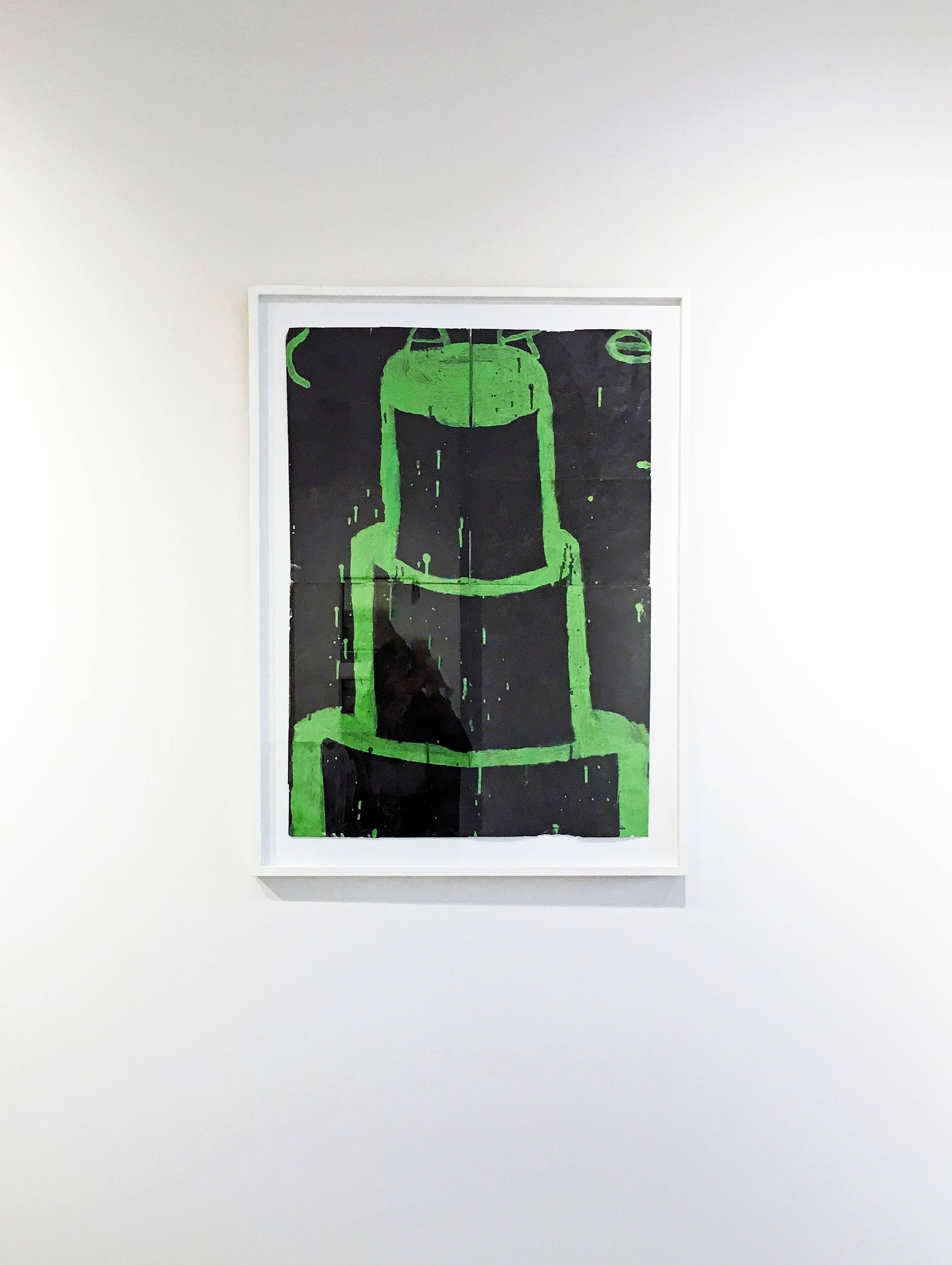 Cake (Green on Black) by contemporary artist, Gary Komarin, 2015. Acrylic on paper bags, 33 x 23.25 inches. The faux naive style painting of a 3 tier cake is outlined in neon green on a black background. Framed in white wood.

Born in 1951 in New