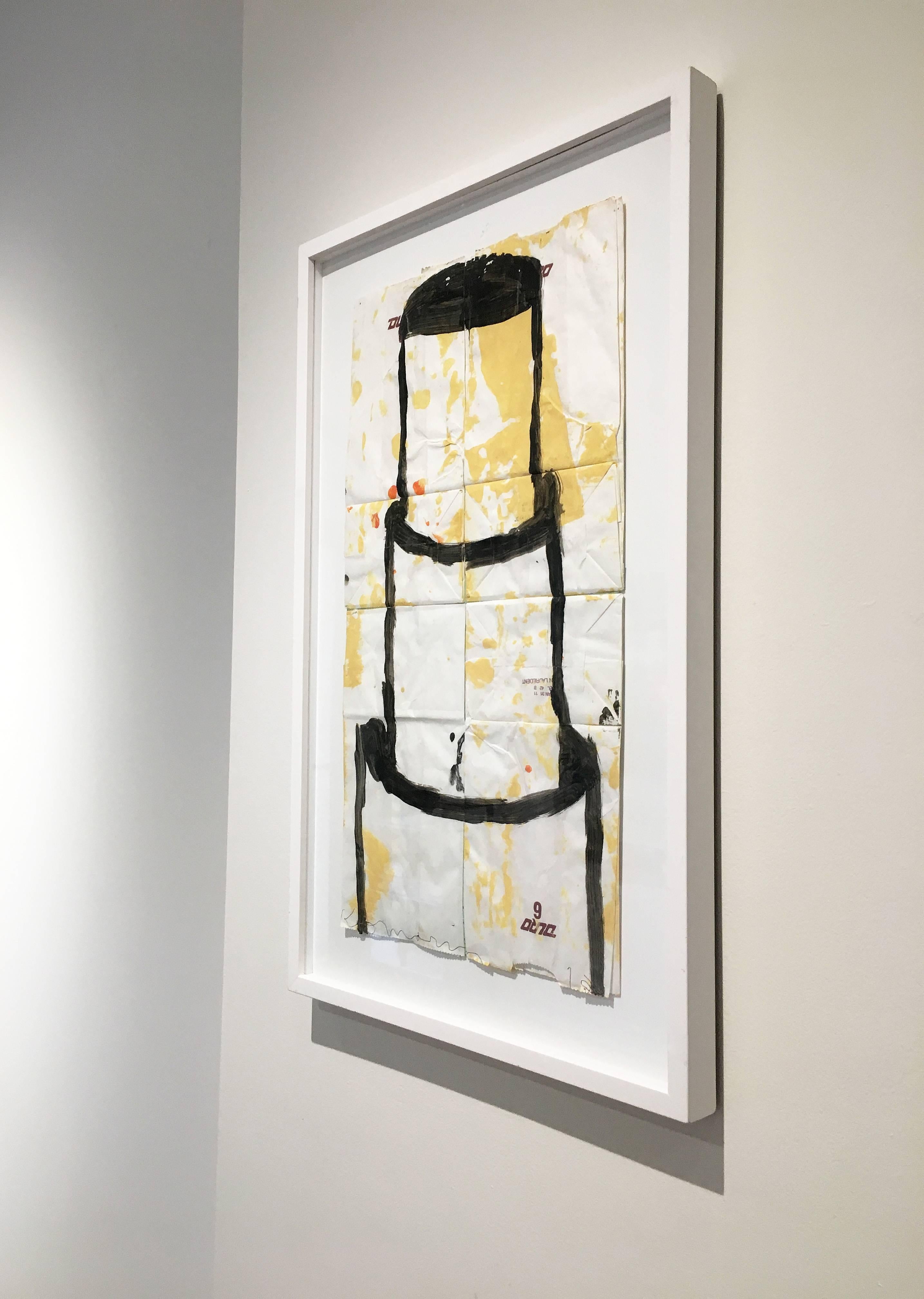 Cake 3 by contemporary artist, Gary Komarin, 2014. Acrylic on paper bags, 22 x 12 inches.  it is framed, and the framed size is 27.5 x 17 inches.  The faux naive style painting of a three tier cake is outlined in black with yellow and red splotches