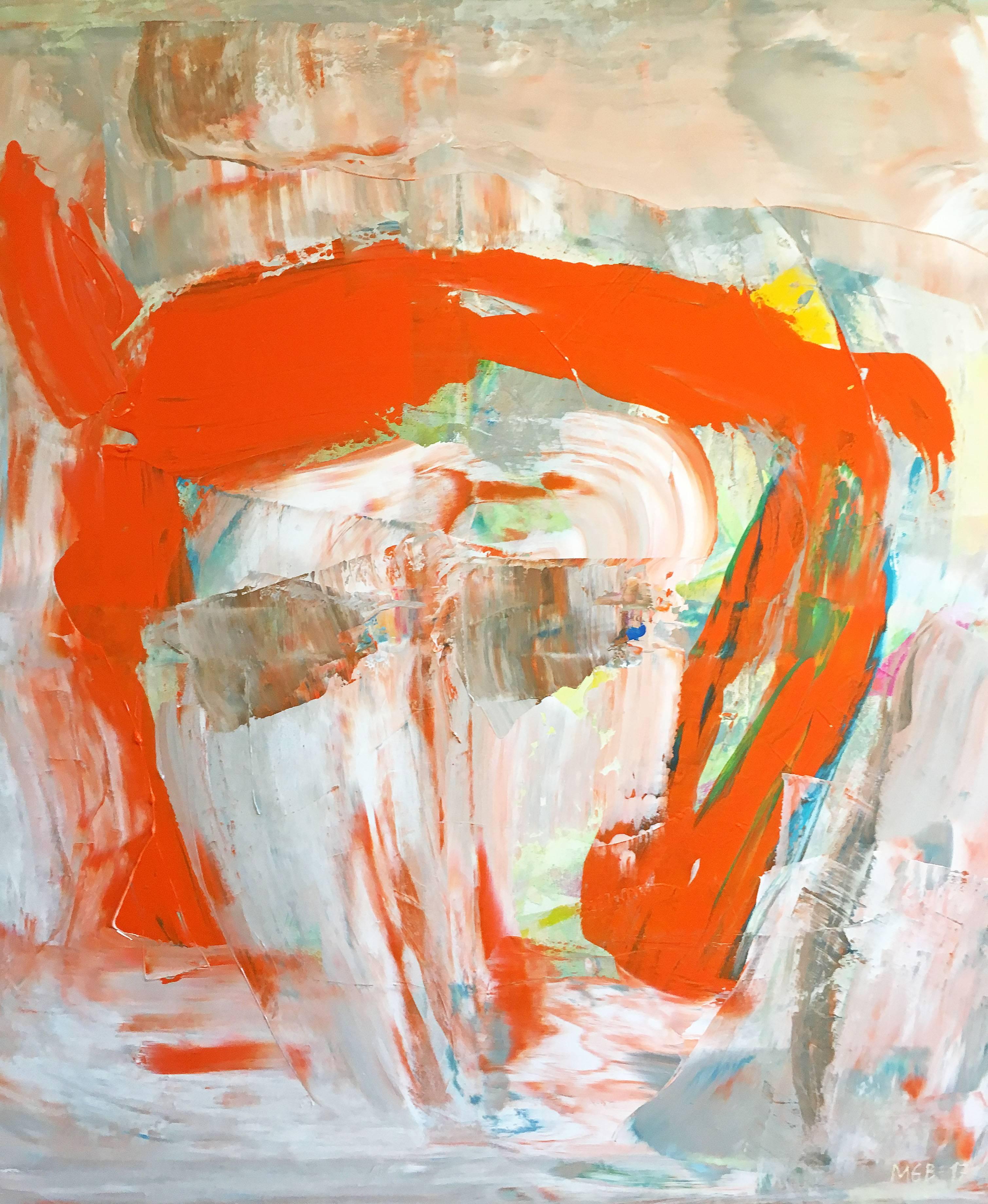 'Hello', 2017 by abstract Norwegian artist, Marit Geraldine Bostad. Acrylic on canvas, 41 x 41 inches. This brightly colored abstract figurative painting incorporates large gestural strokes in bold colors of orange, pink, white, brown, and grey.