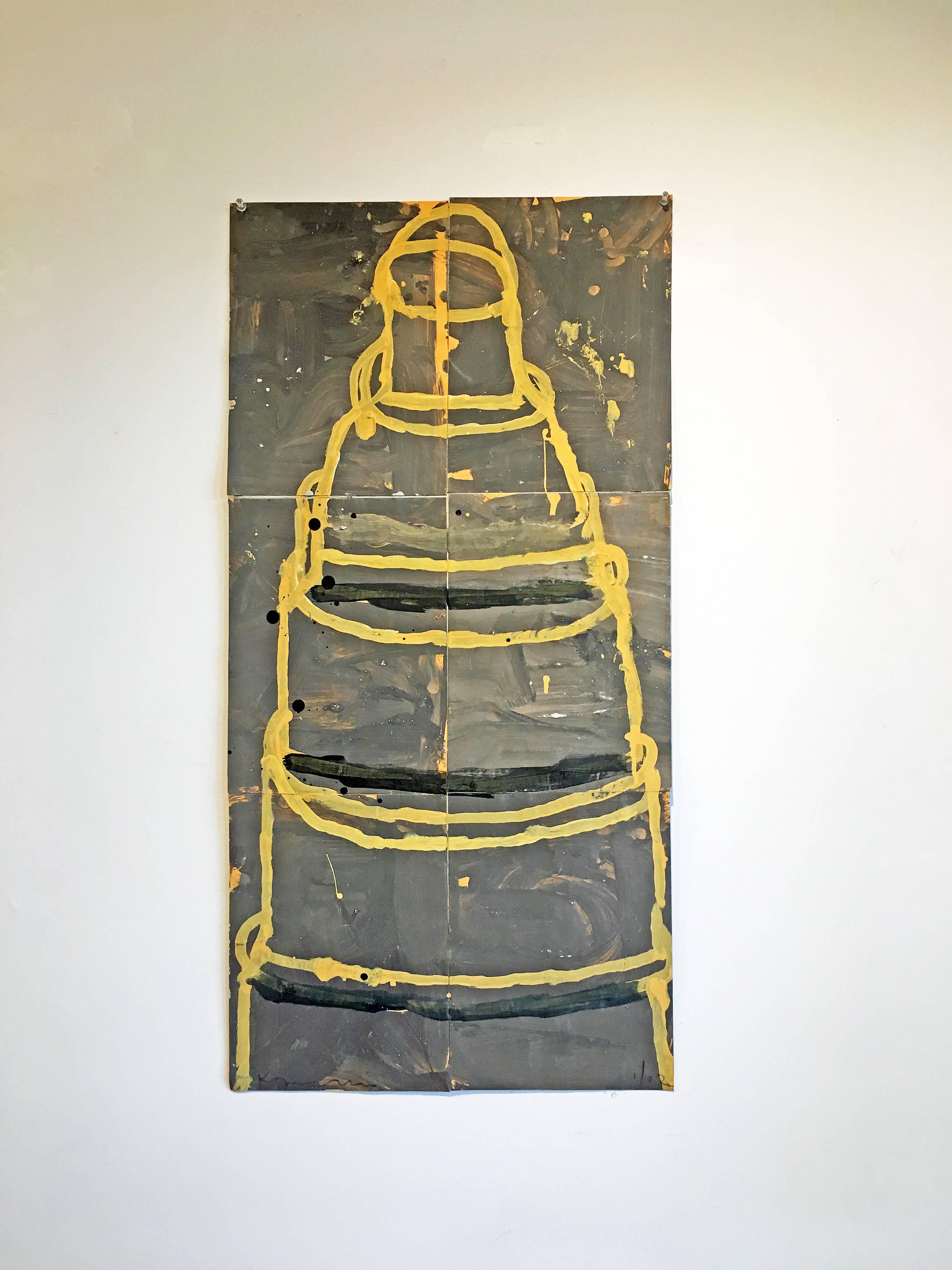 'Cake (Yellow on Grey)' by contemporary artist, Gary Komarin, 2002. Acrylic on envelopes, 36.25 x 18 inches. This faux naive style painting of a 6-tier cake is outlined in yellow on a grey background. 

In his delightful, naively drawn Cakes