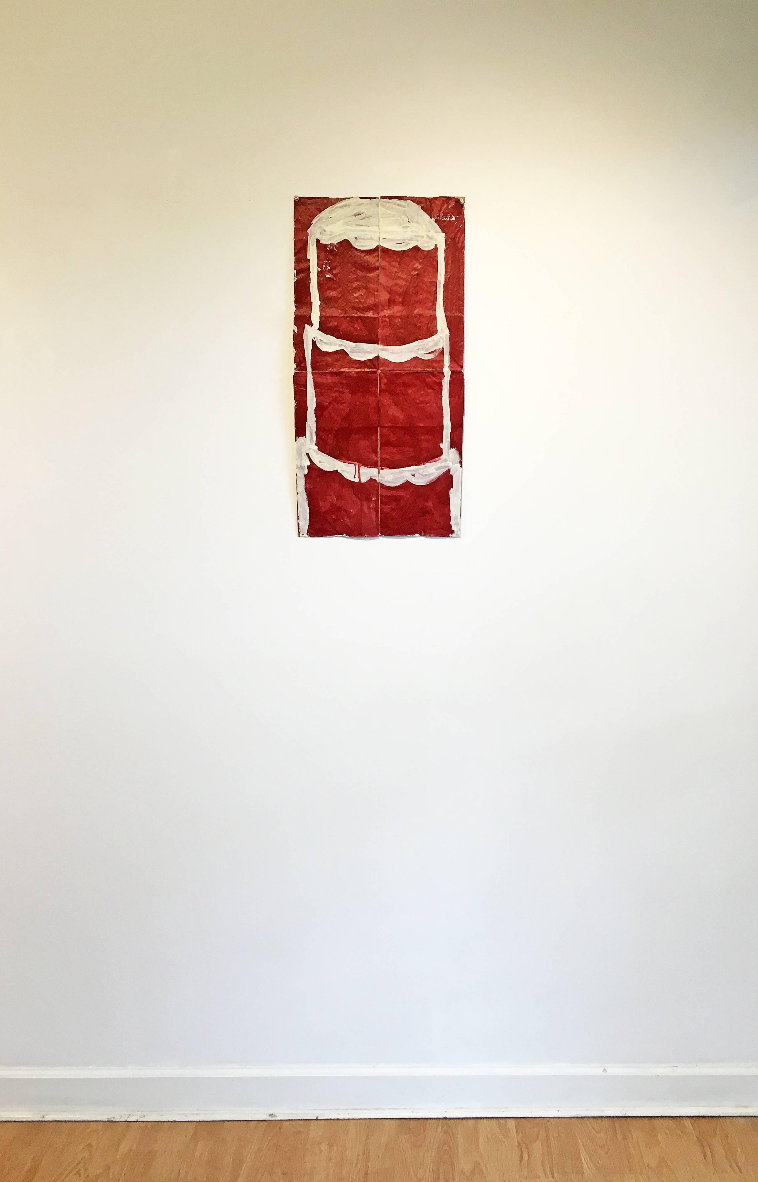 Mixed media painting of cake, Gary Komarin, Cake painting (White on Red) 2