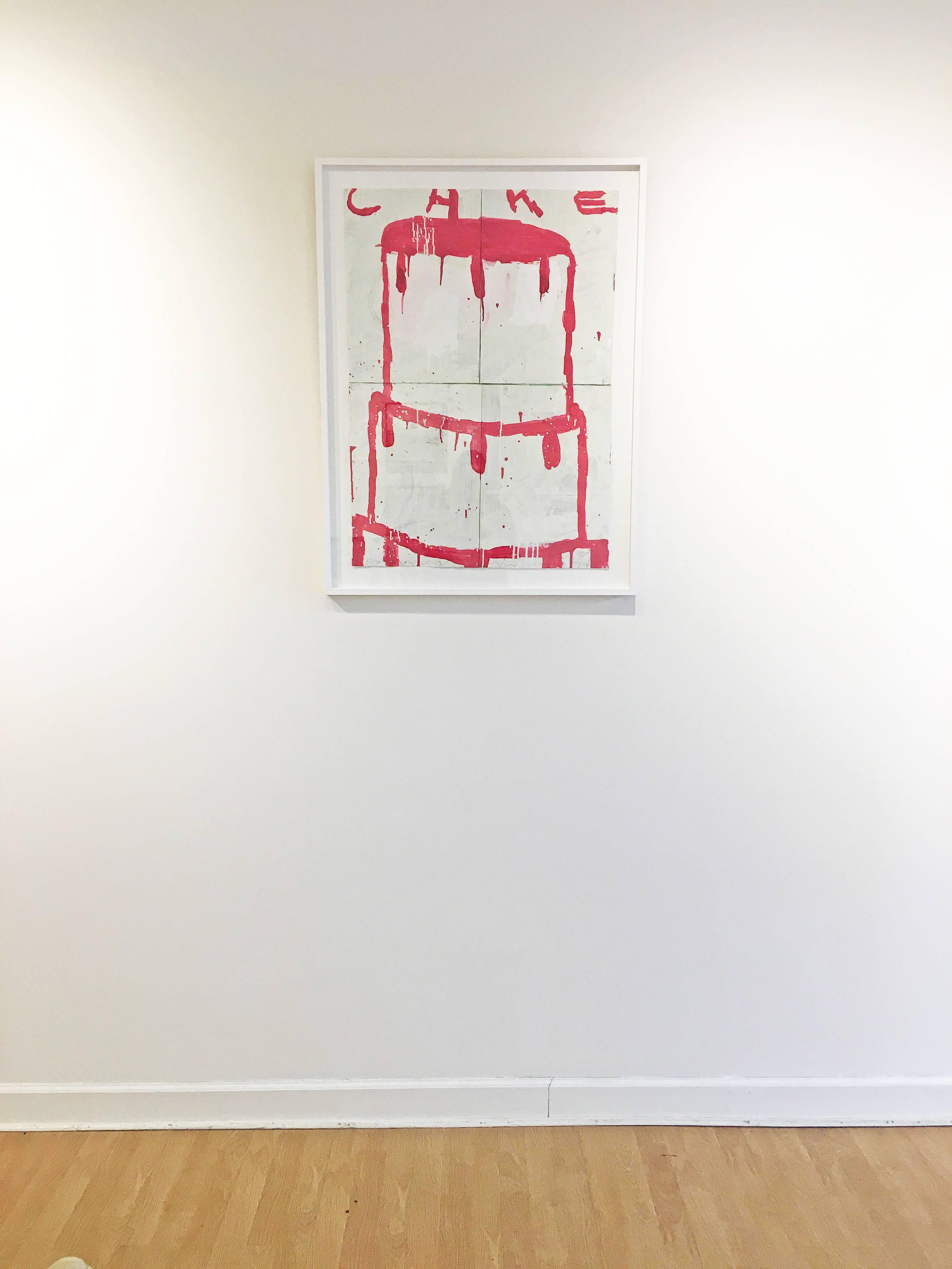 'Cake (Raspberry on White)' by contemporary artist, Gary Komarin, 2017. Acrylic on paper bags, 33.25 x 24 inches. This faux naive style painting of a 2.5-tier cake is outlined in bright red on a white background. This artwork is floated in a white