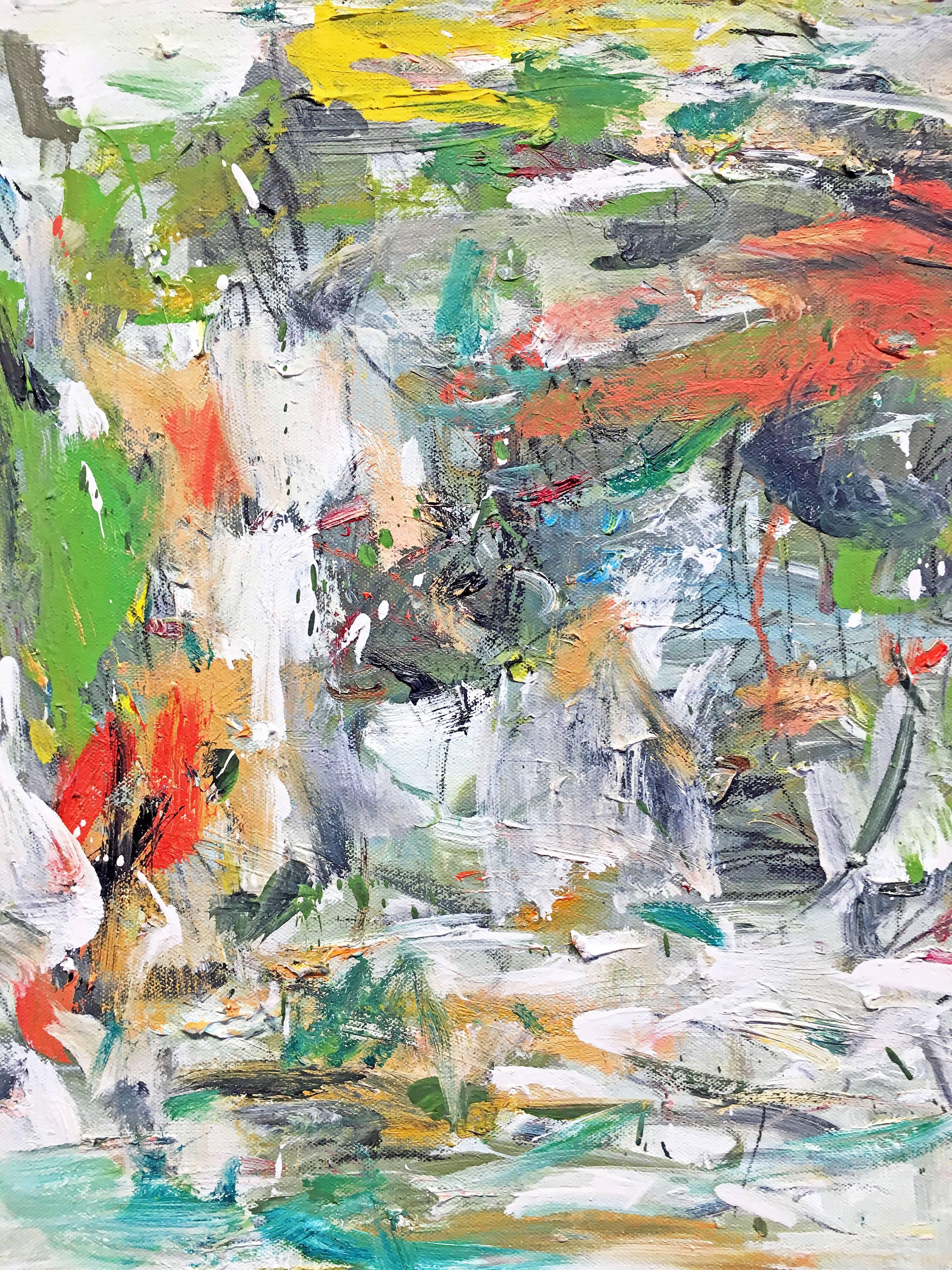 'Escape,' 2012, by Chinese/Canadian painter Yangyang Pan. Oil on canvas, 20 x 24 inches. This lush abstract painting incorporates large gestural brush strokes in various hues of green, yellow, orange, peach, and black. The expressive visual language