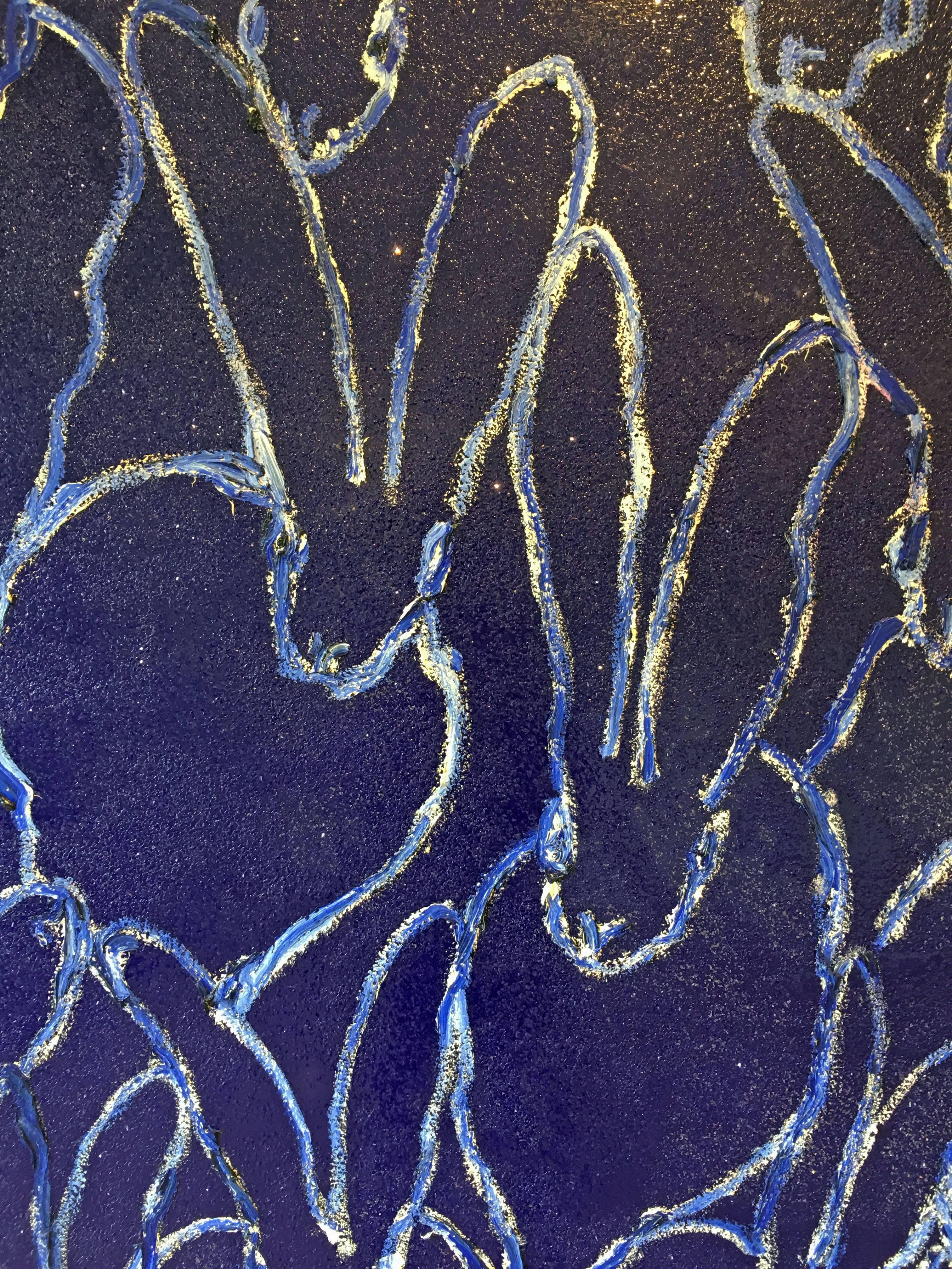 'Untitled,' 2016 by renowned New York City artist, Hunt Slonem. Oil, acrylic, and diamond dust on canvas, 48 x 52 inches. This royal blue painting features a 'fluffle' of bunnies outlined in white. The diamond dust incorporated into Slonem's