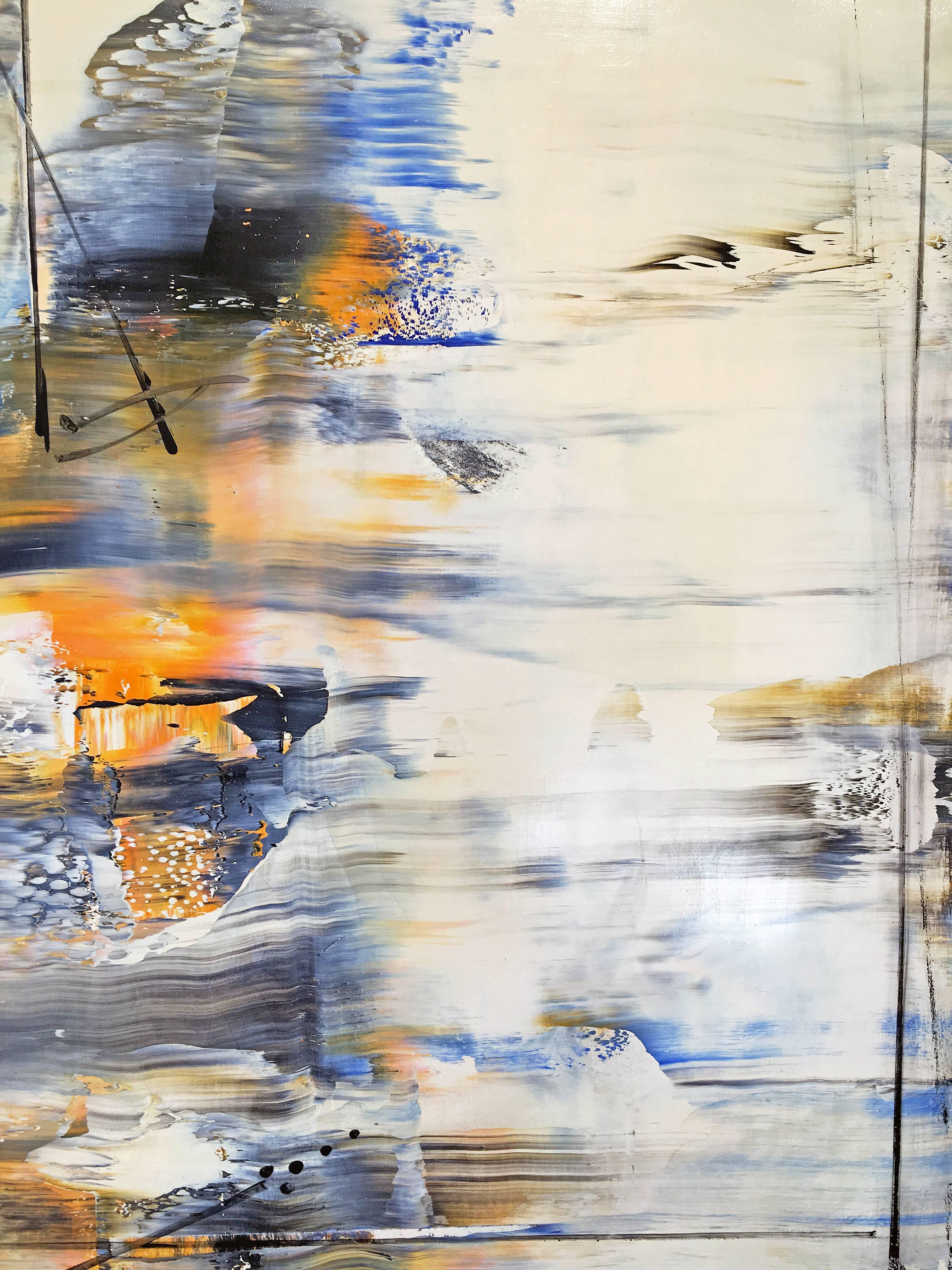 'Still Rising' by Antonio Carreno, 2017. Oil on canvas, 47.5 x 47.5 inches. This abstract painting is part of the artist's new series of action paintings, entitled 'Instinct' which features spontaneous yet deeply 
profound broad strokes of colors in