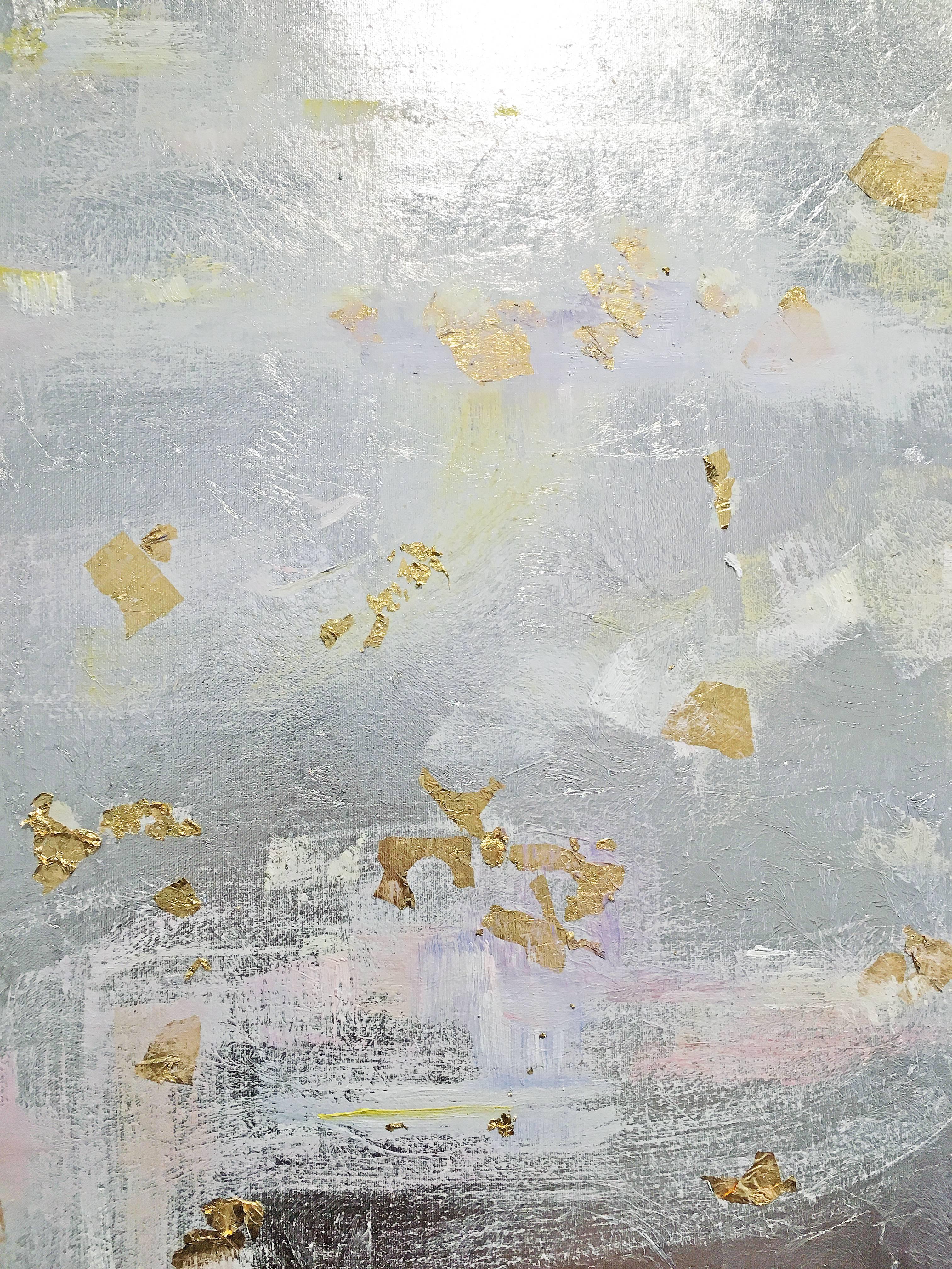 'Breath I' by Michelle Sakhai, 2017. Oil and silver leaf on canvas, 30 x 30 inches. A dramatic dimensional painting with rich, fine materials. Pastel colors of pink, purple, yellow, and black and gold leaf sprinkled on a silver leaf canvas. Sakhai