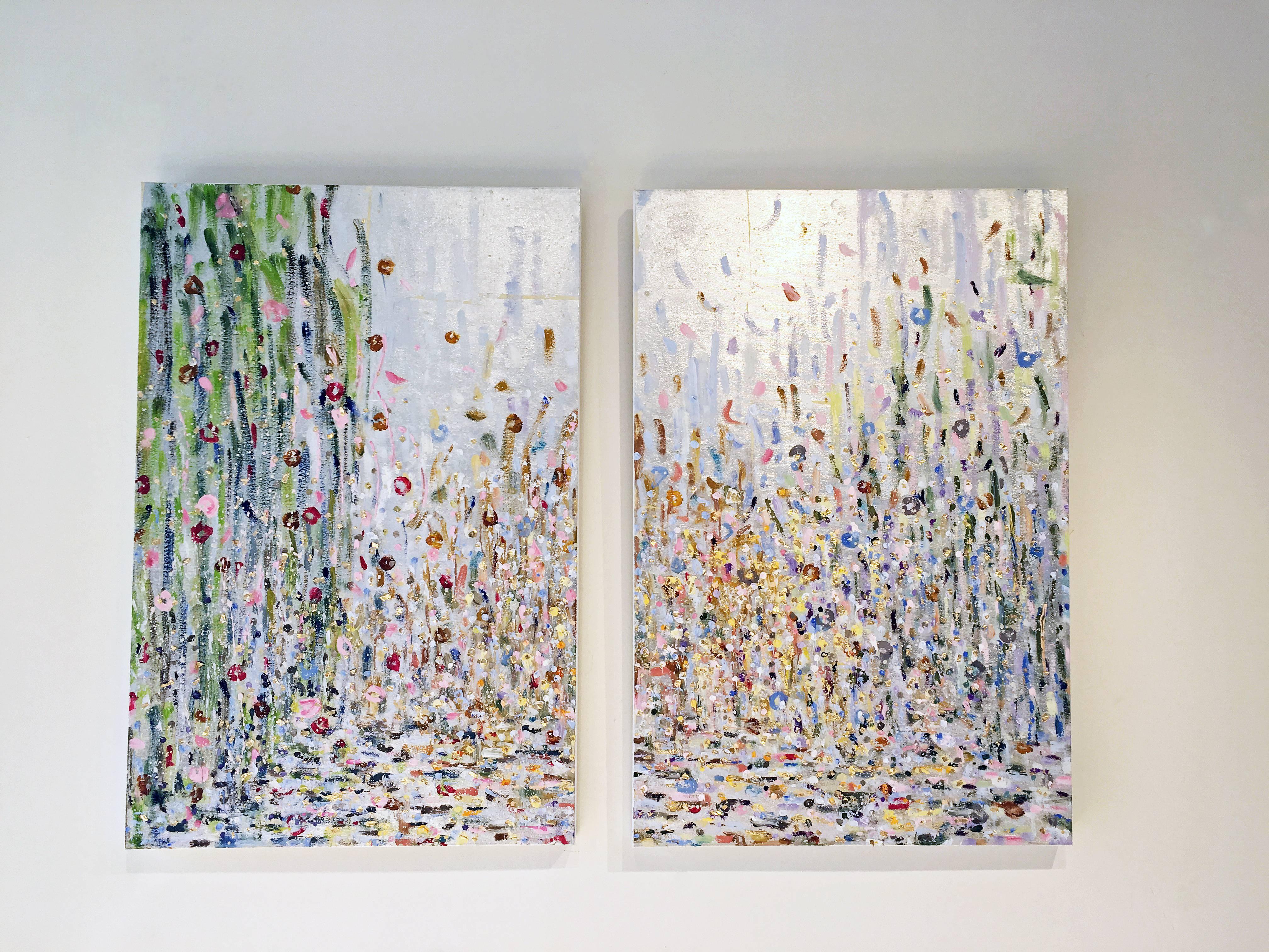 Silver leaf oil painting, Michelle Sakhai, East Meets West Part I & II (Diptych) 1