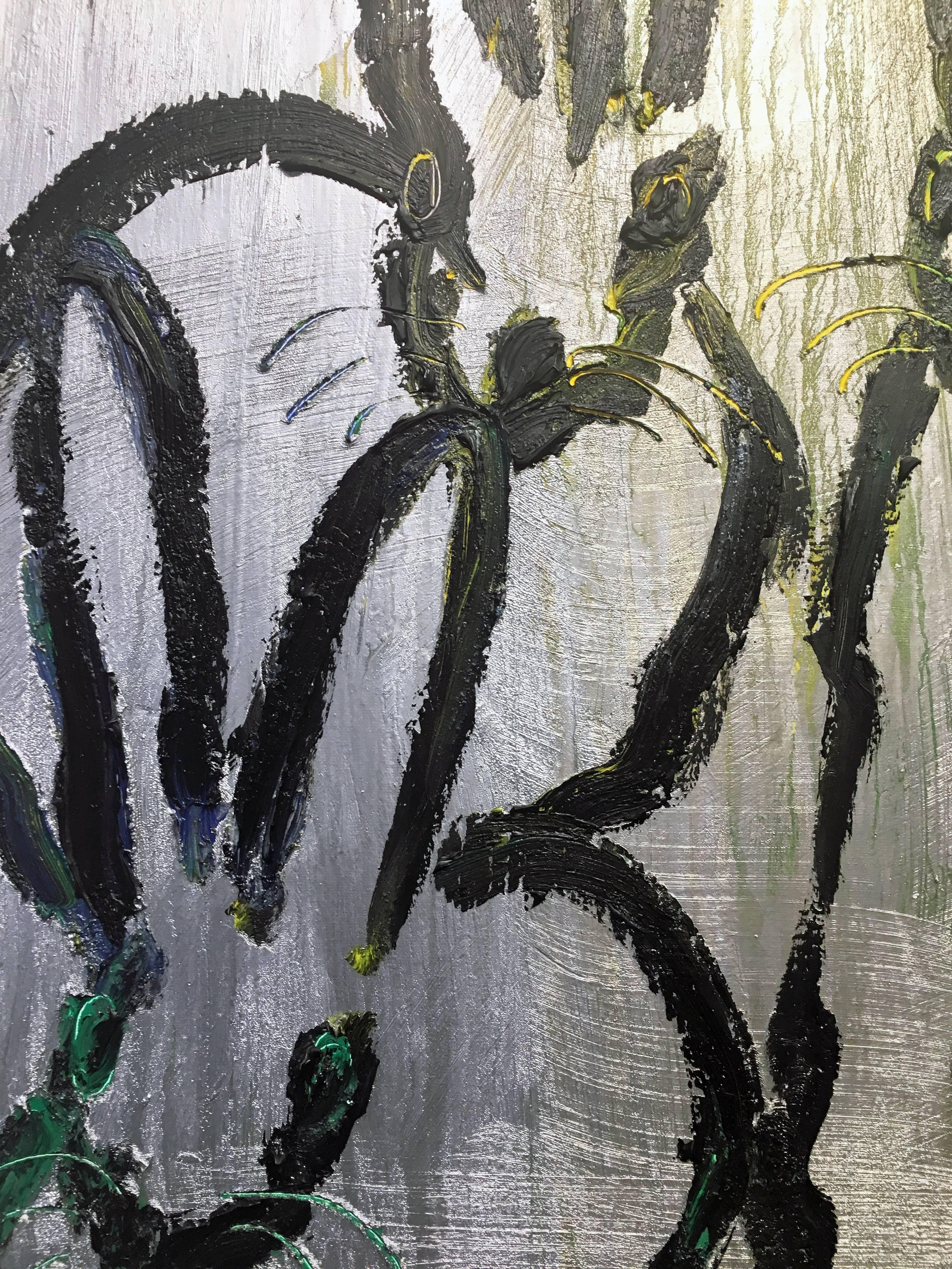 '4 Play,' 2016 by renowned New York City artist, Hunt Slonem. Oil on canvas, 30 x 24 inches. This painting features a 'fluffle' of three bunnies in black outline on a silver, gold, and green painted canvas.

Considered one of the great colorists of