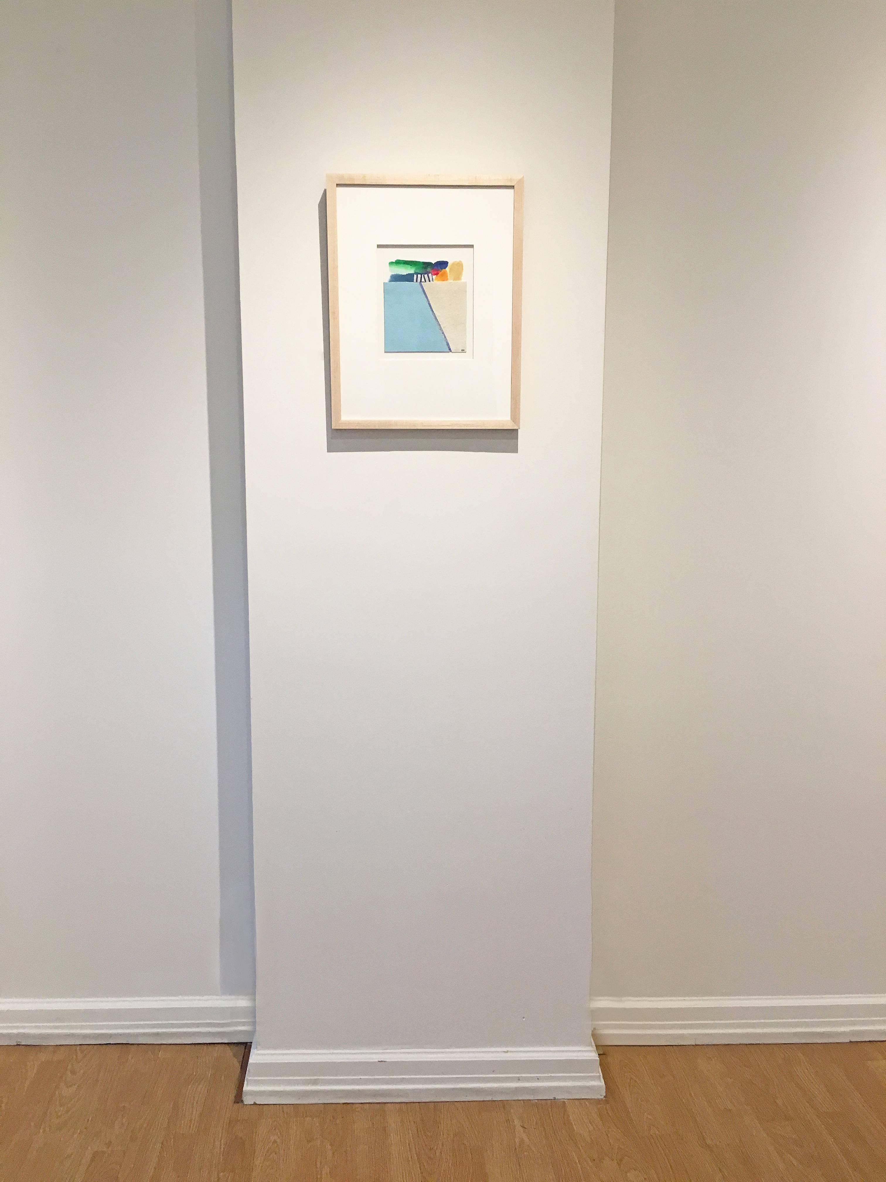 'Coastal Series 2' by Eugene Healy, 2017. Fabric collage and oil on canvas, Image: 7 x 6.25 in. / Frame: 19 x 15 in. This landscape painting features an abstracted coastal scene with land and sea in aerial view.  In calming colors of light blue,