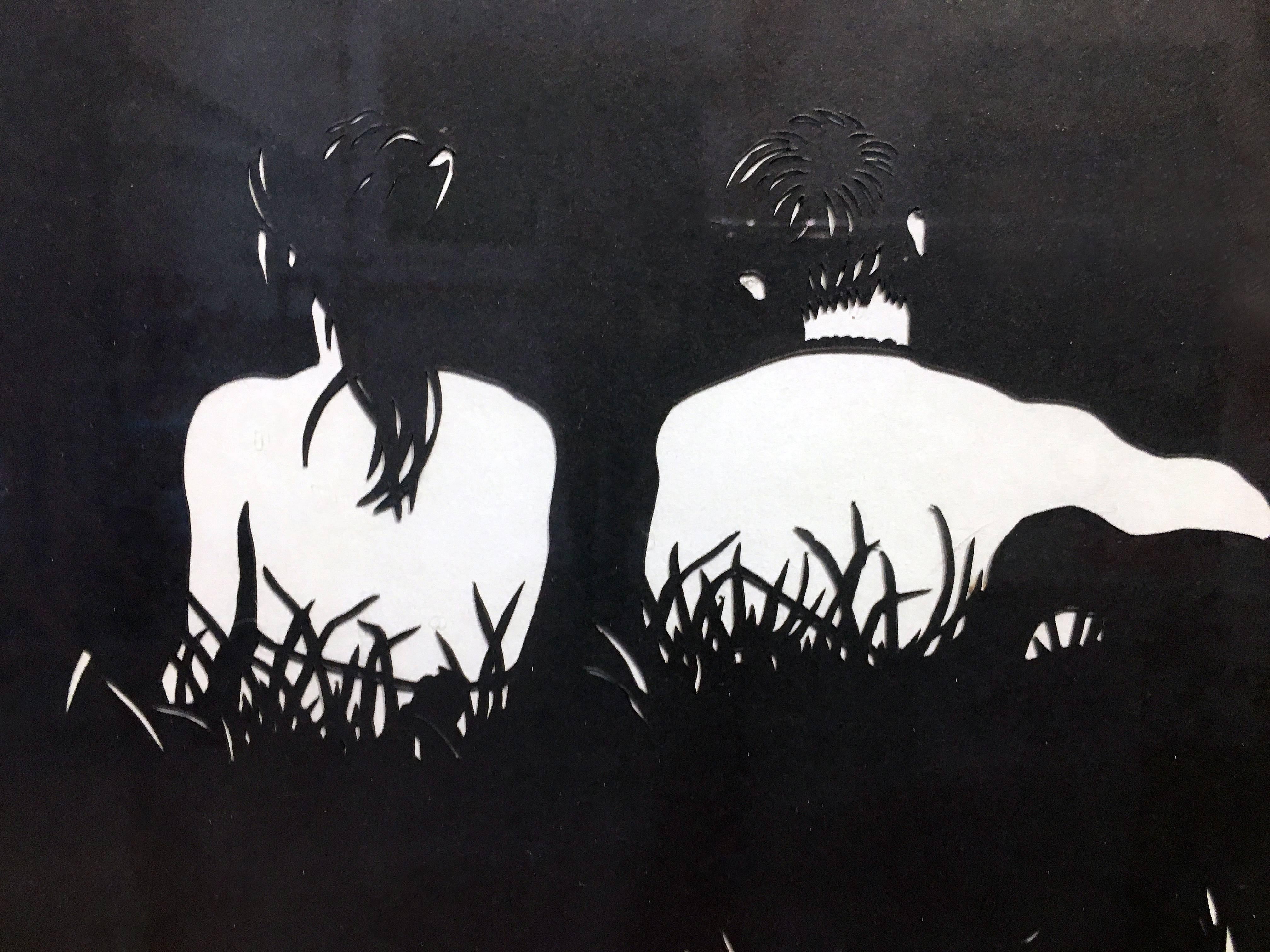 'Landscape' circa 2007 by German artist, Stefan Thieli. Paper cutout, 55.75 x 79.25 in.  Reminiscent of shadow play, this large-scale, black, cut-out silhouette features a thick forest landscape with two figures, a woman and man, observing the