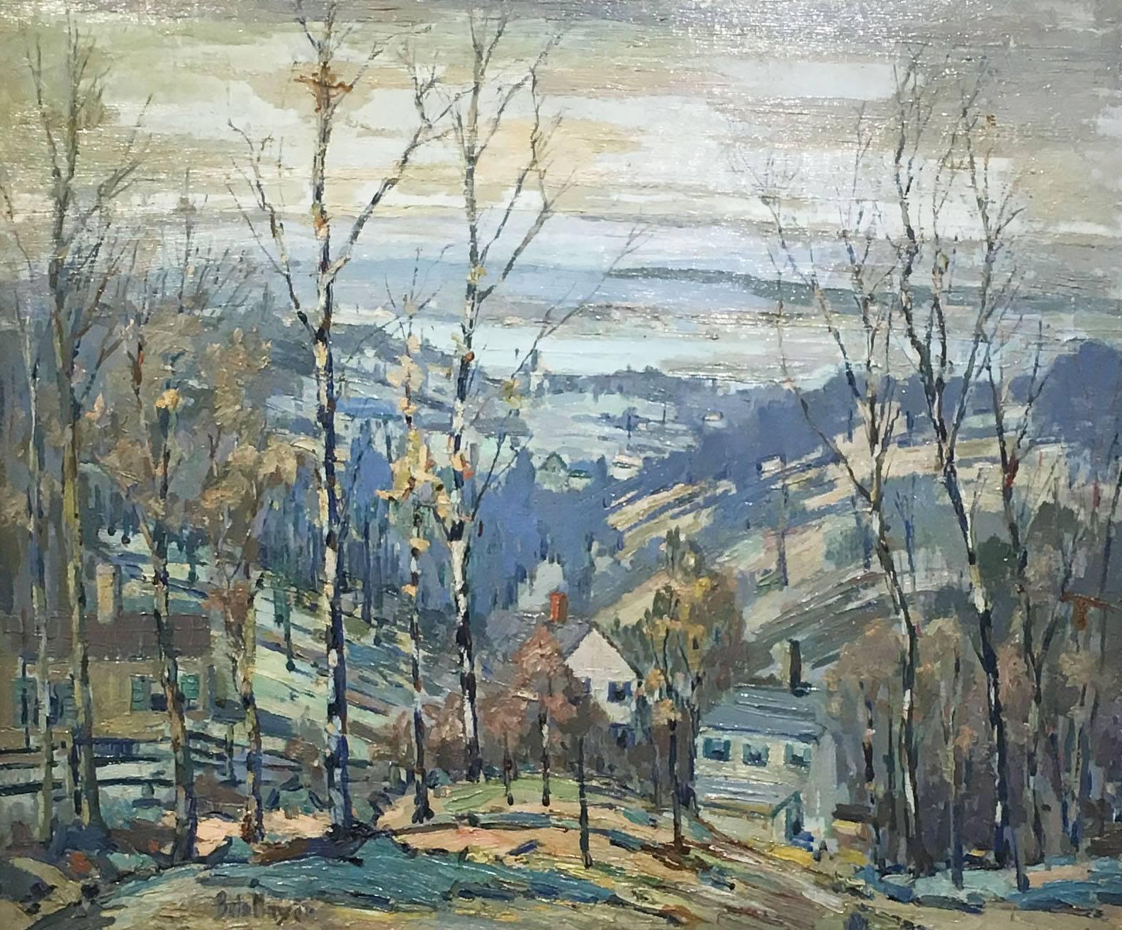 Peter Bela Mayer Landscape Painting – Überblick auf Perlenholz-Hütte