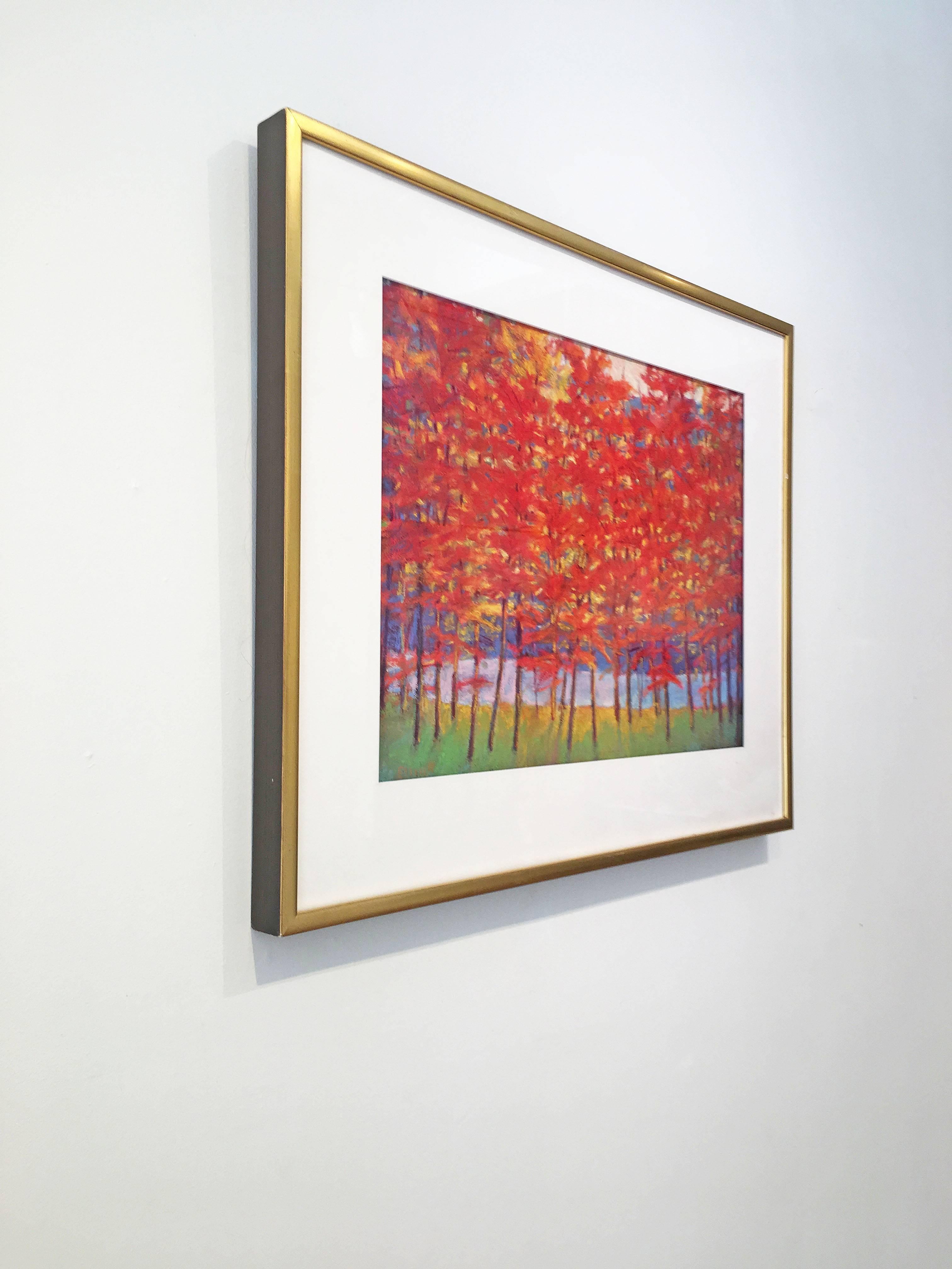 'Red Wall at the Lake,' 2007 by Colorado artist, Ken Elliott. Pastel on archival pigment print, 17 5/8 x 23 3/8 in. This expressionist landscape work features woods by a lake. The lush autumnal forest is beautifully expressed through the usage of