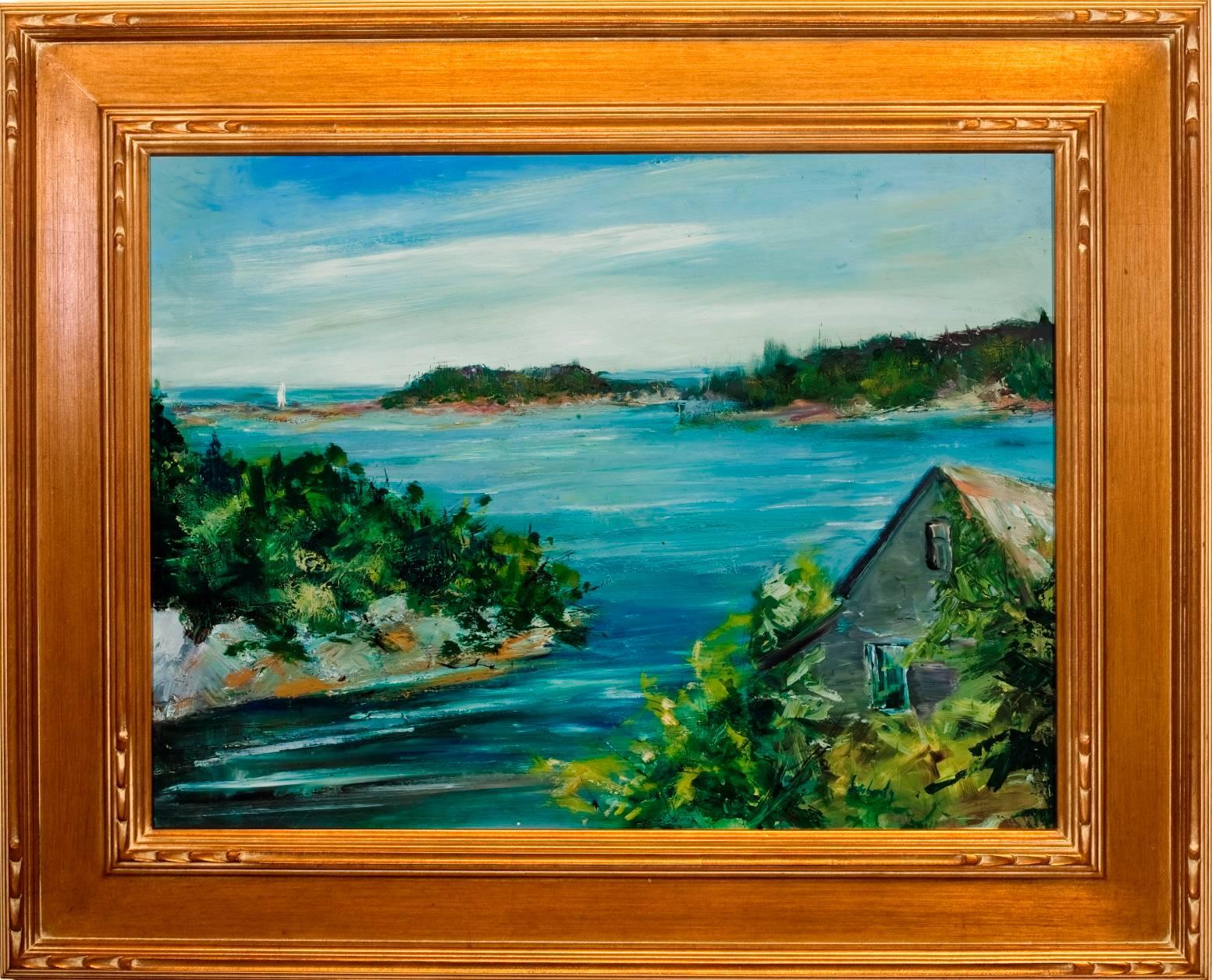 Landscape Painting de Evelyn Faherty - "Casa en el puerto"