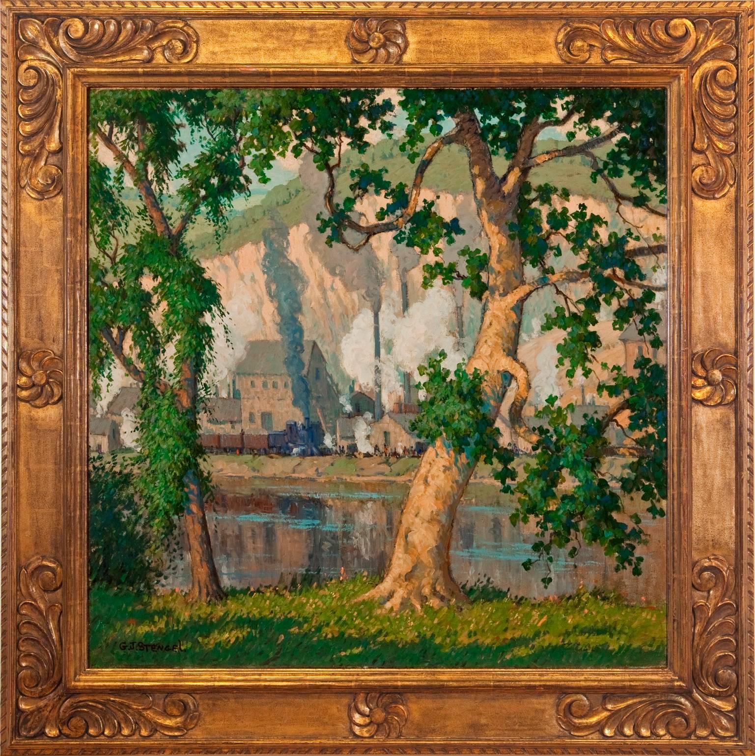 G.J. Stengel Landscape Painting - "Factory & Sycamores"  