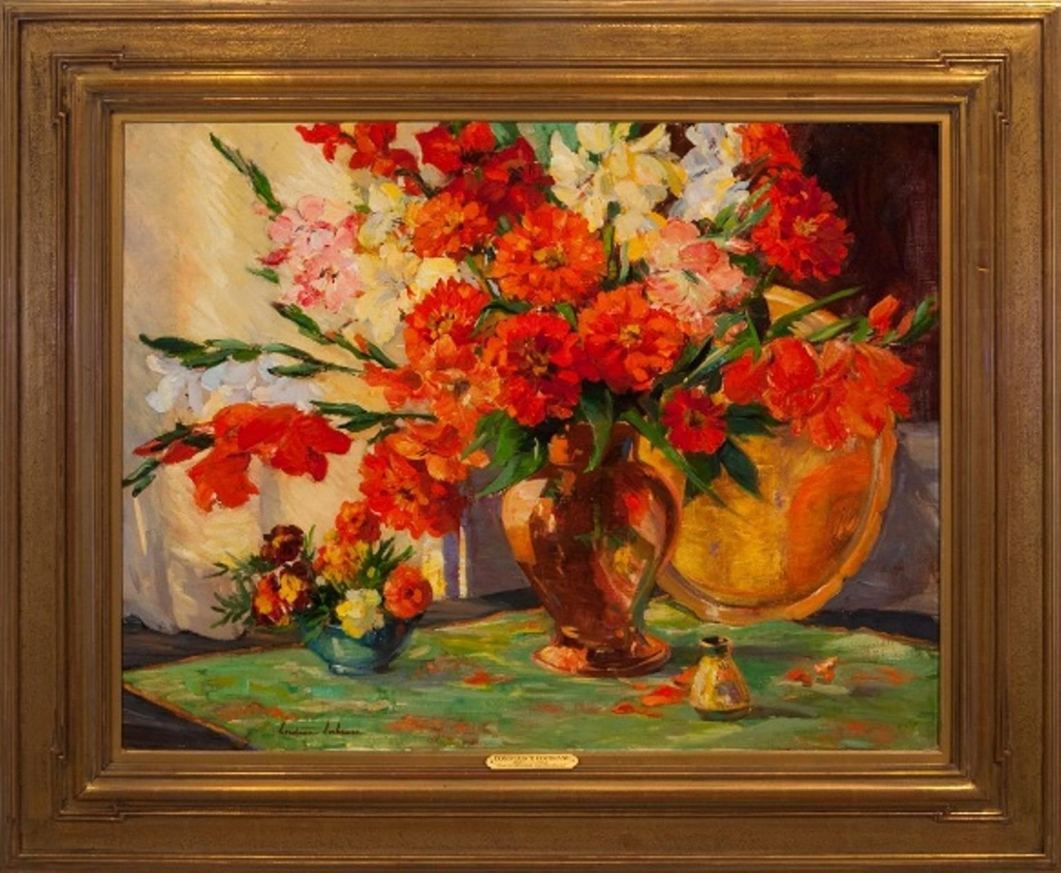 Constance Cochrane Still-Life Painting - "Scarlet Zinnias & Gladiolus"
