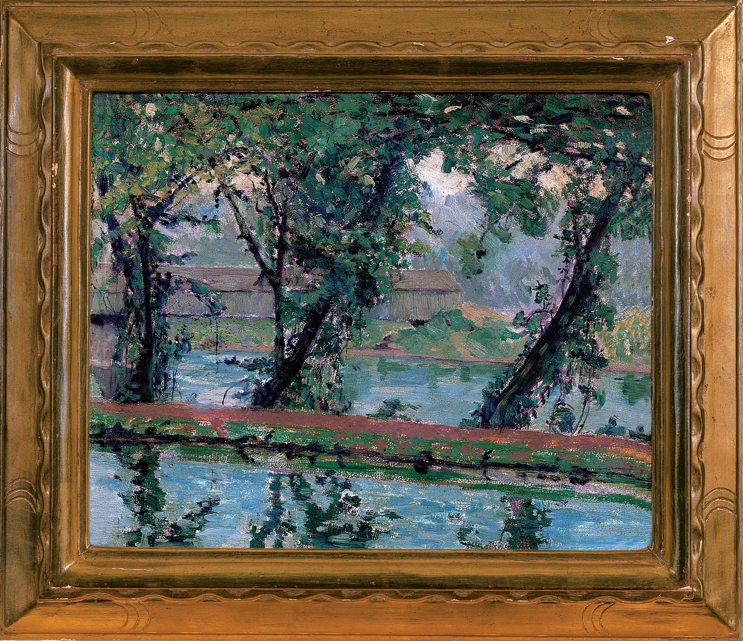 Alice B. Sotter Landscape Painting – ""Die Brücke nach Stockton"