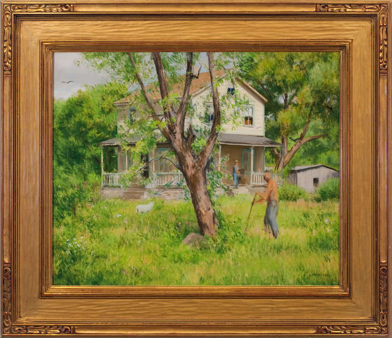 Alexander Farnham Landscape Painting - "Yard Work, Stockton, NJ"