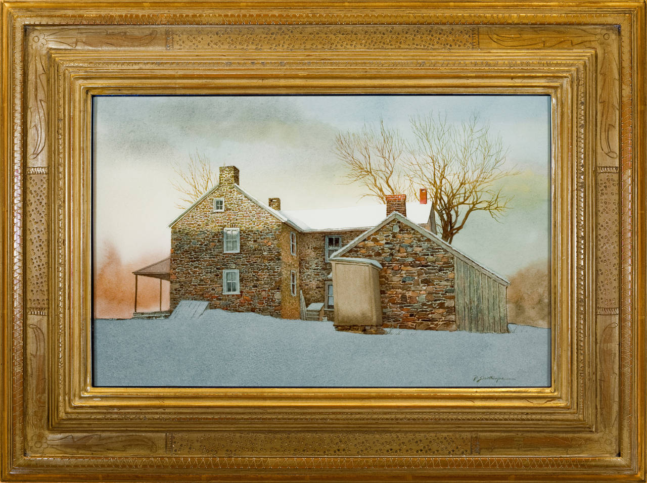Peter Sculthorpe Landscape Art - "Stone Farm House in Snow"