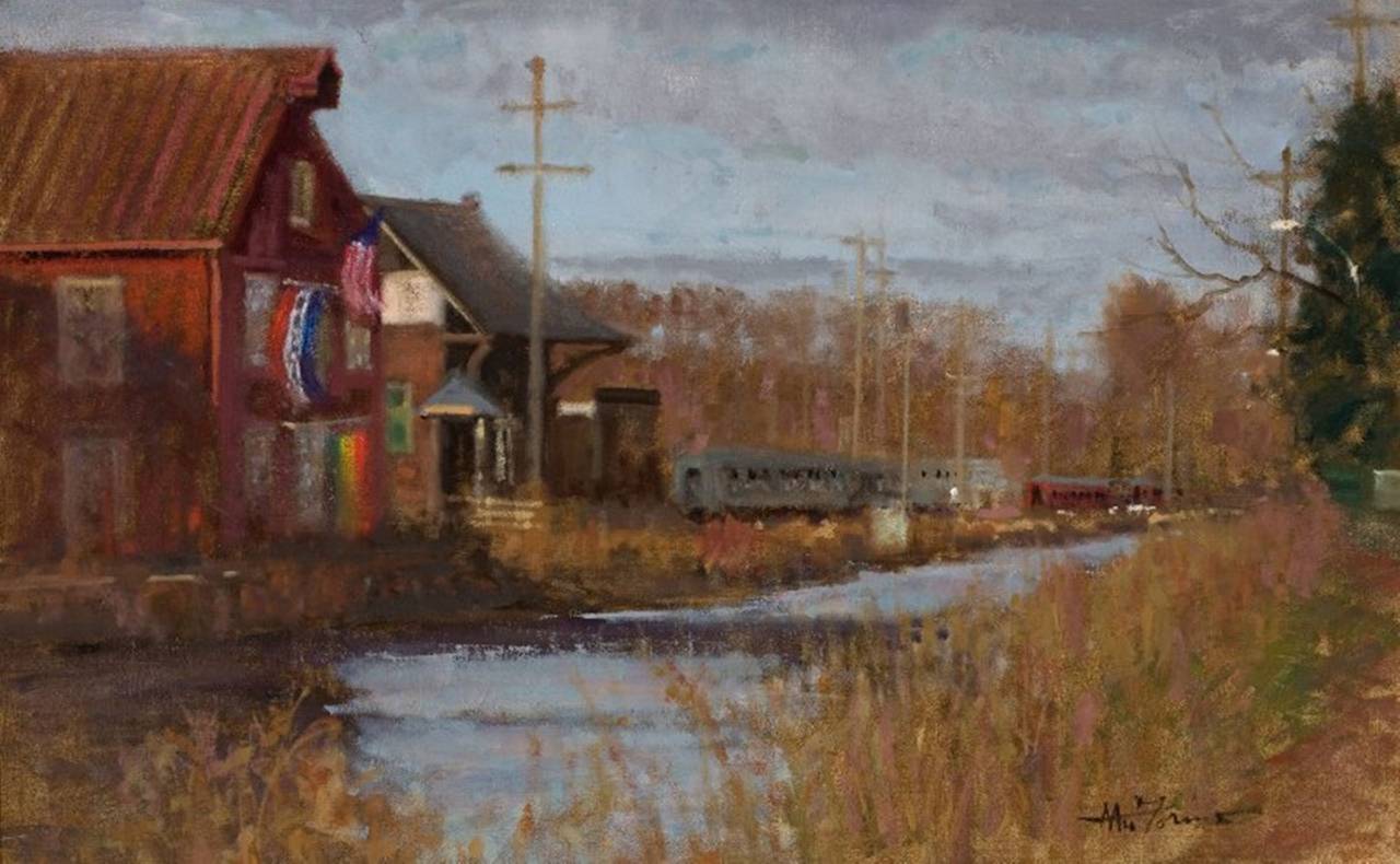 Anthony Michael Autorino Landscape Painting - "Early Light, New Hope Railway Yard"