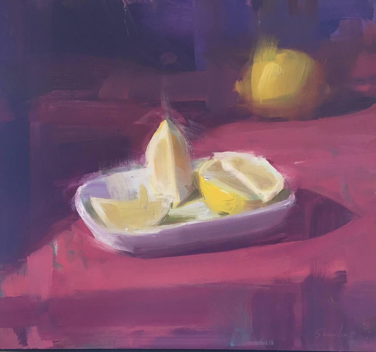 David Shevlino Still-Life Painting - Lemons / purple and yellow still life