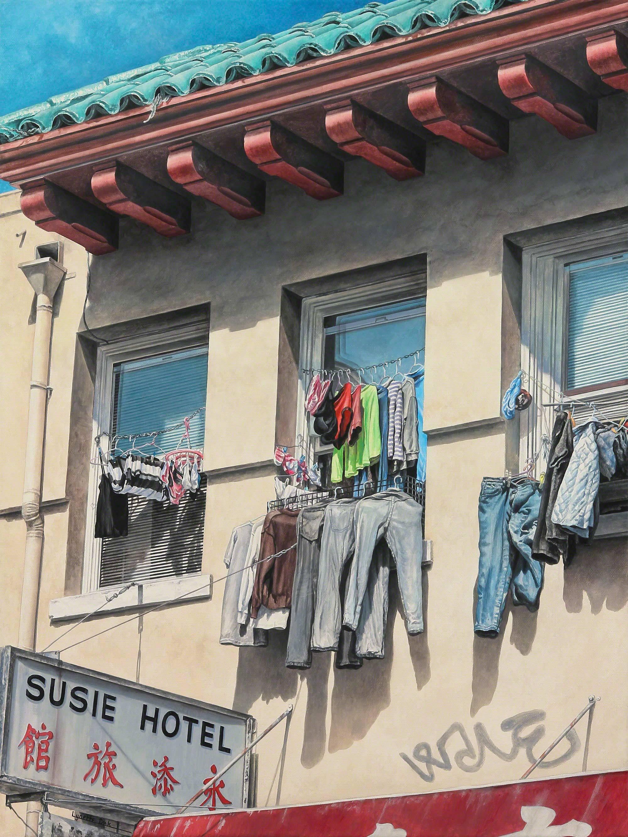 Lynette Cook Still-Life Painting - Wash Day at Susie's / photorealism hyperreal acrylic painting Chinatown SF CA